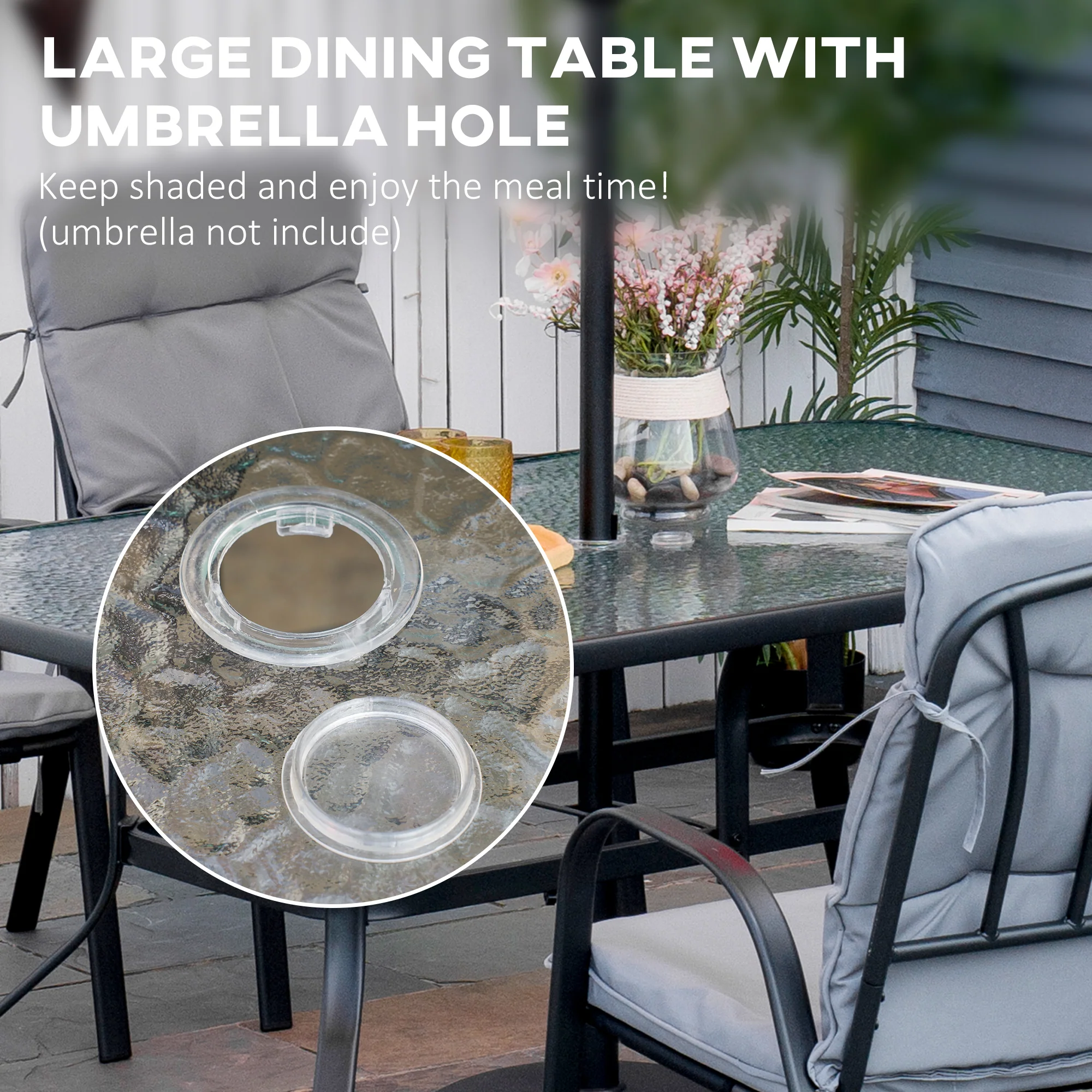 7 Pieces Garden Dining Set, Outdoor Dining Set with Cushions, Tempered Glass Top Table, Umbrella Hole, Texteline Seats, 6 Seater Garden Table and Chairs, Grey - Image 6