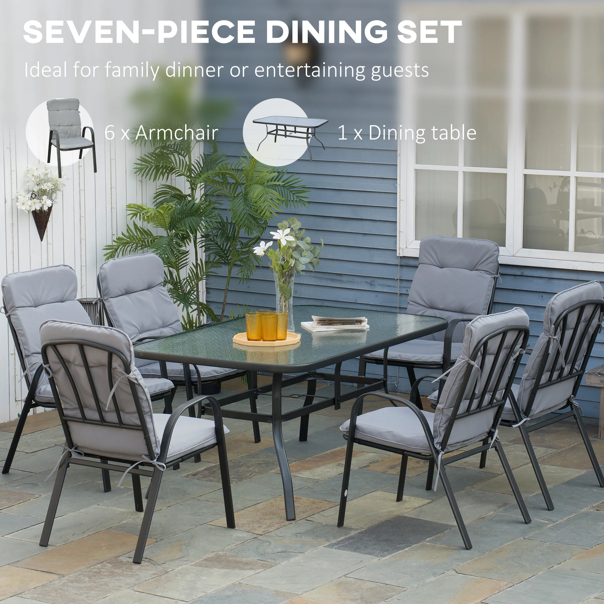 7 Pieces Garden Dining Set, Outdoor Dining Set with Cushions, Tempered Glass Top Table, Umbrella Hole, Texteline Seats, 6 Seater Garden Table and Chairs, Grey - Image 7