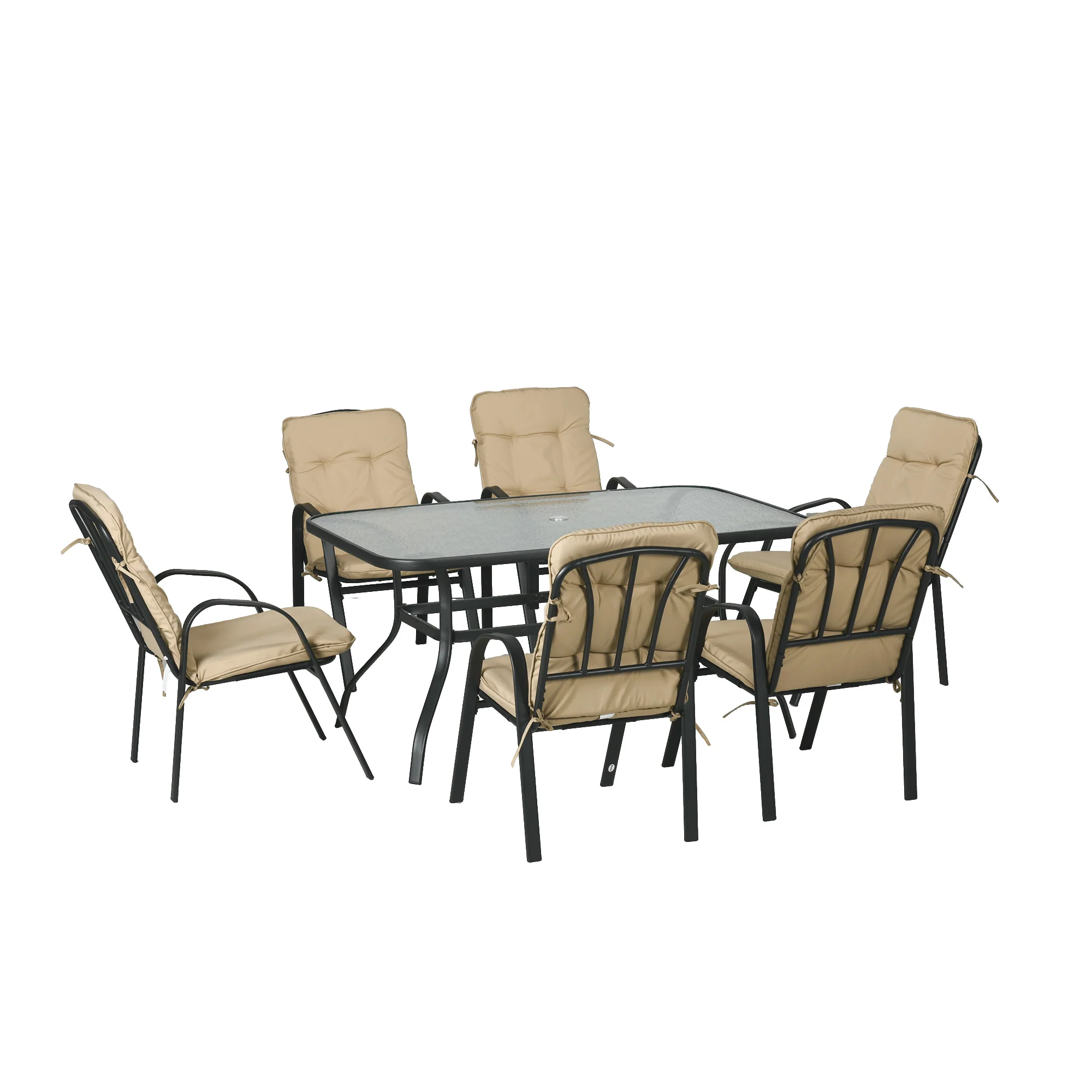 7 Pieces Garden Dining Set with Tempered Glass Top Table, Umbrella Hole and 6 Texteline Seats, Beige - Image 12