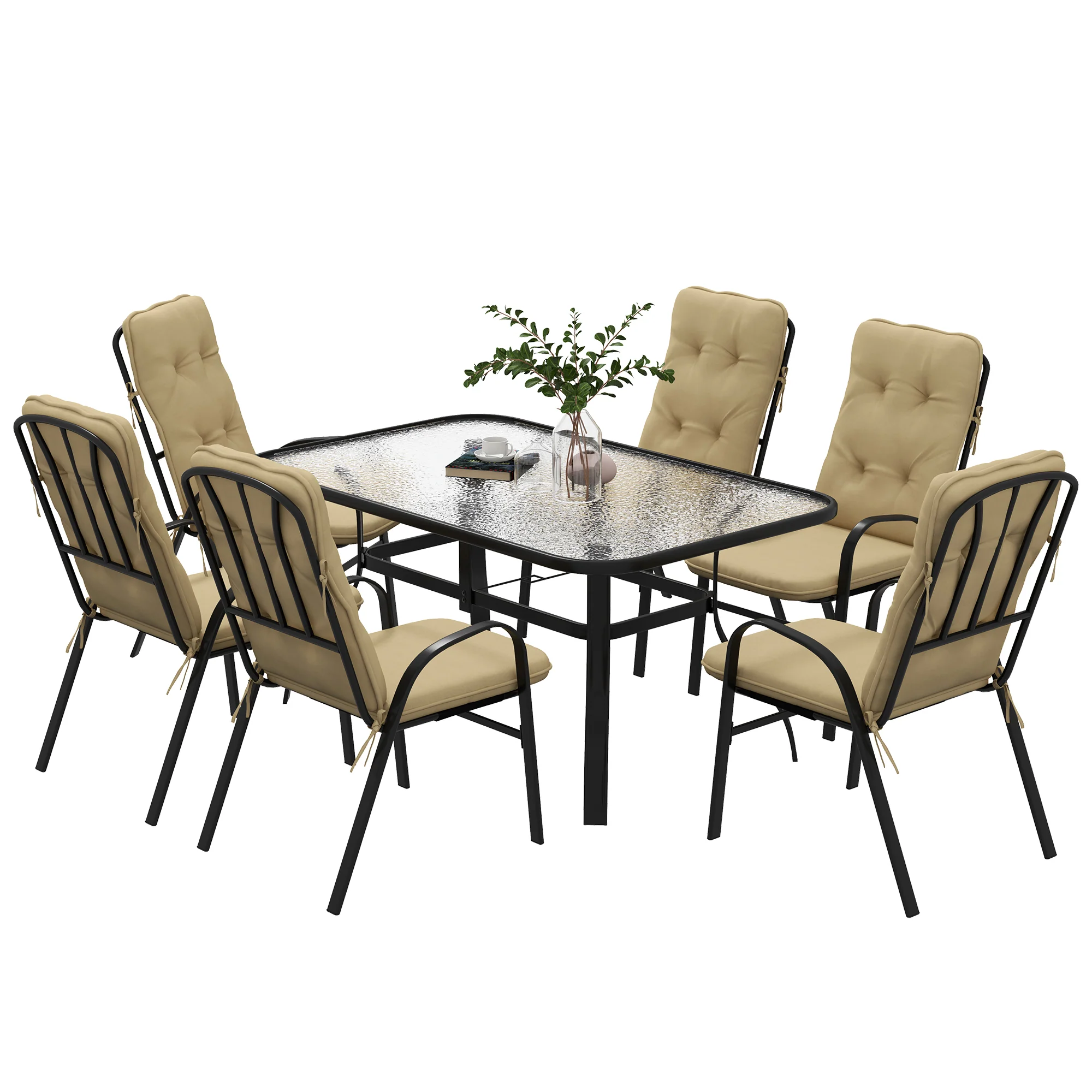 7 Pieces Garden Dining Set with Tempered Glass Top Table, Umbrella Hole and 6 Texteline Seats, Beige - Image 2