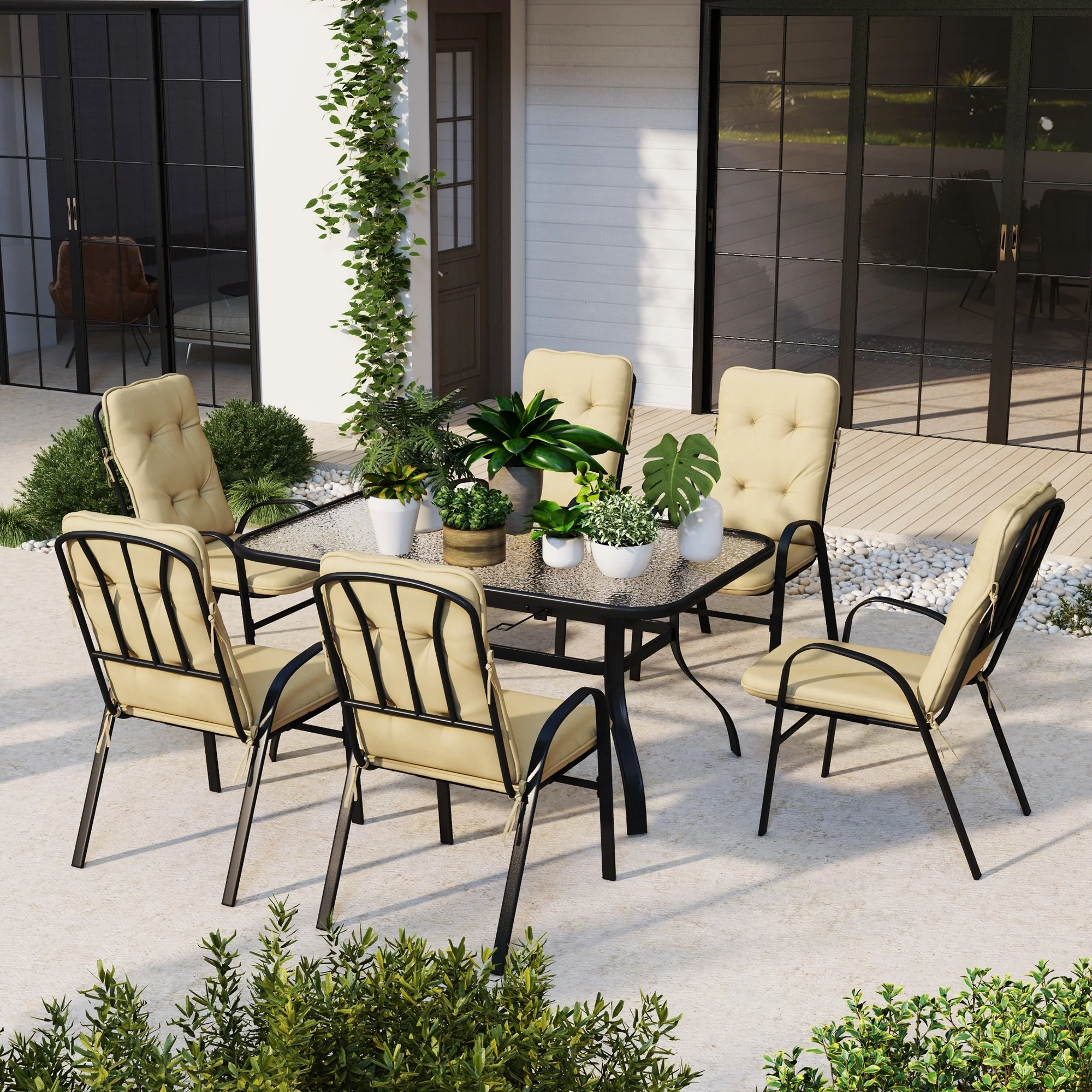 7 Pieces Garden Dining Set with Tempered Glass Top Table, Umbrella Hole and 6 Texteline Seats, Beige - Image 3