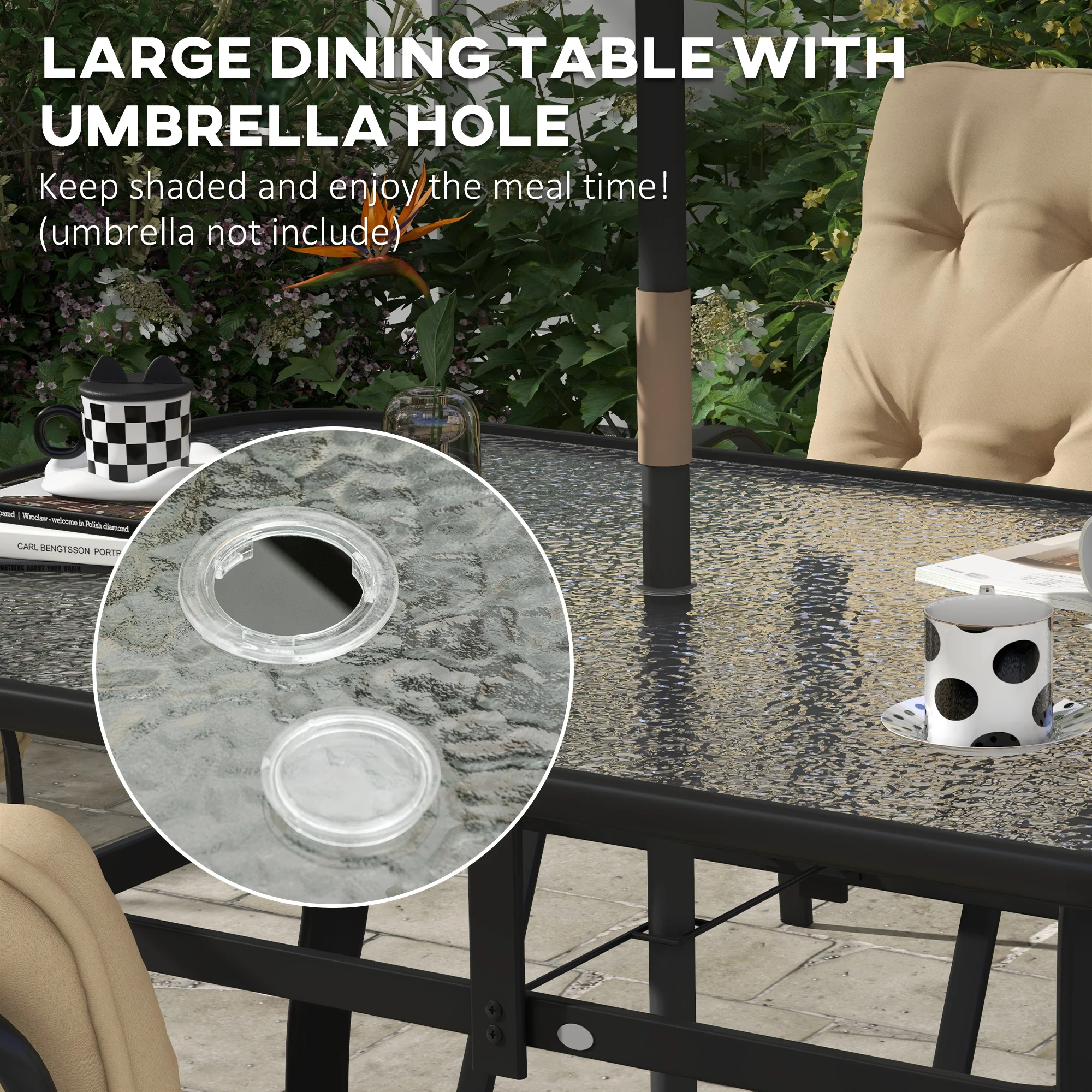 7 Pieces Garden Dining Set with Tempered Glass Top Table, Umbrella Hole and 6 Texteline Seats, Beige - Image 6