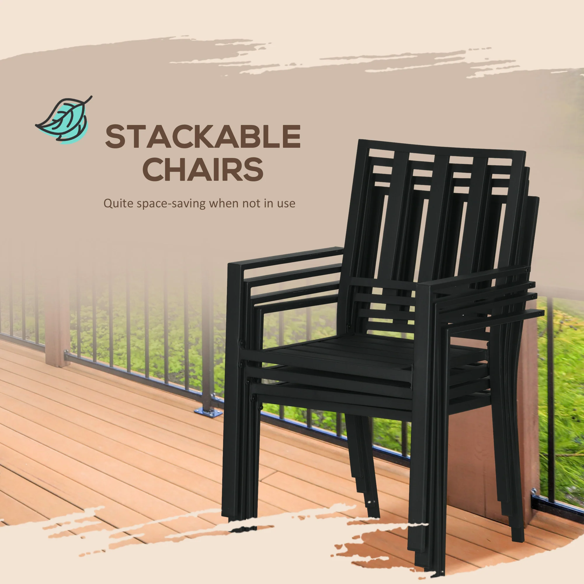 7 Pieces Garden Dining Set, Outdoor Patio Table and 6 Stackable Chairs, Metal Top Table with Umbrella Hole, Black - Image 6