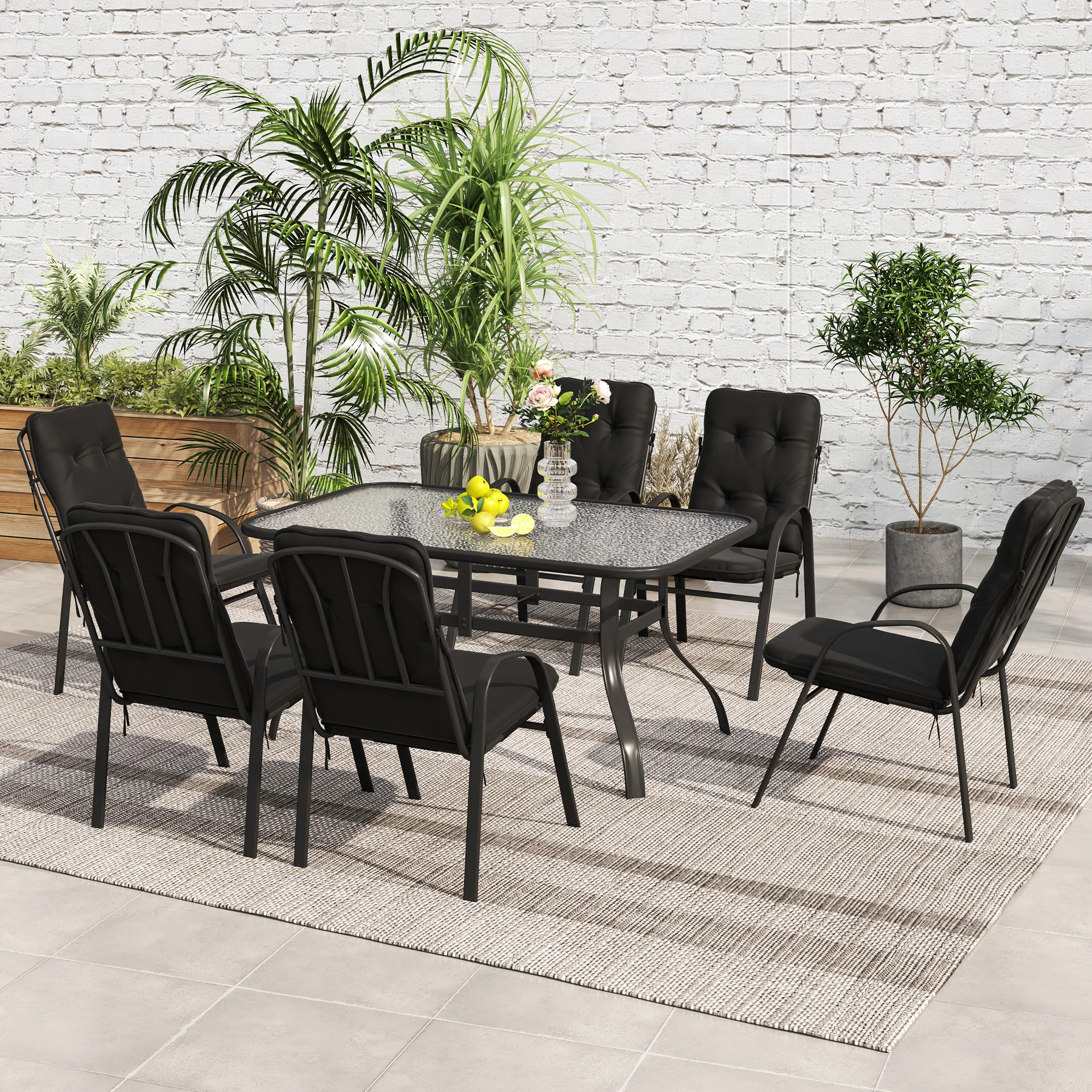 7 Piece Garden Dining Set with Glass Top Table & 6 Cushioned Chairs, Black - Image 4