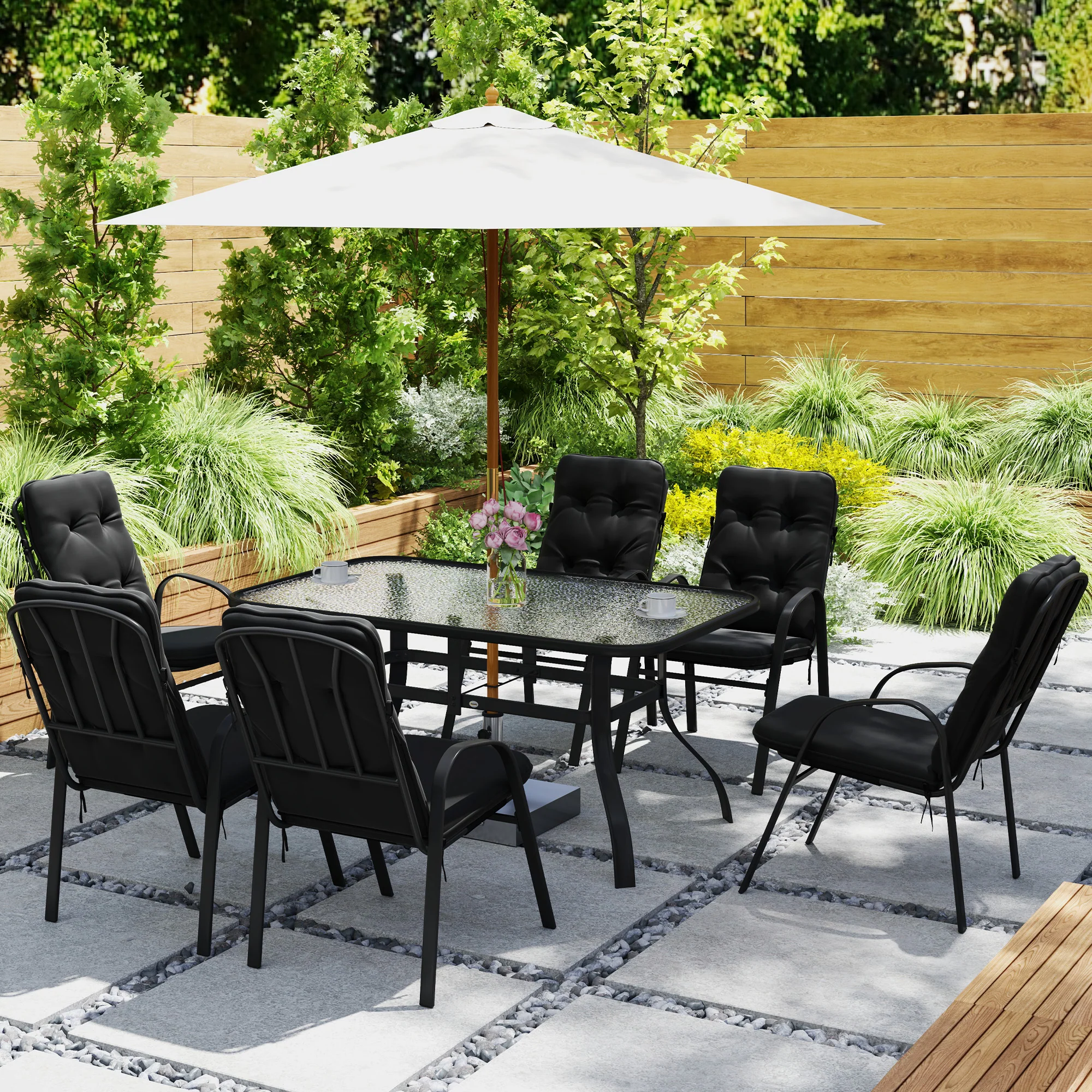 7 Piece Garden Dining Set with Glass Top Table & 6 Cushioned Chairs, Black - Image 9