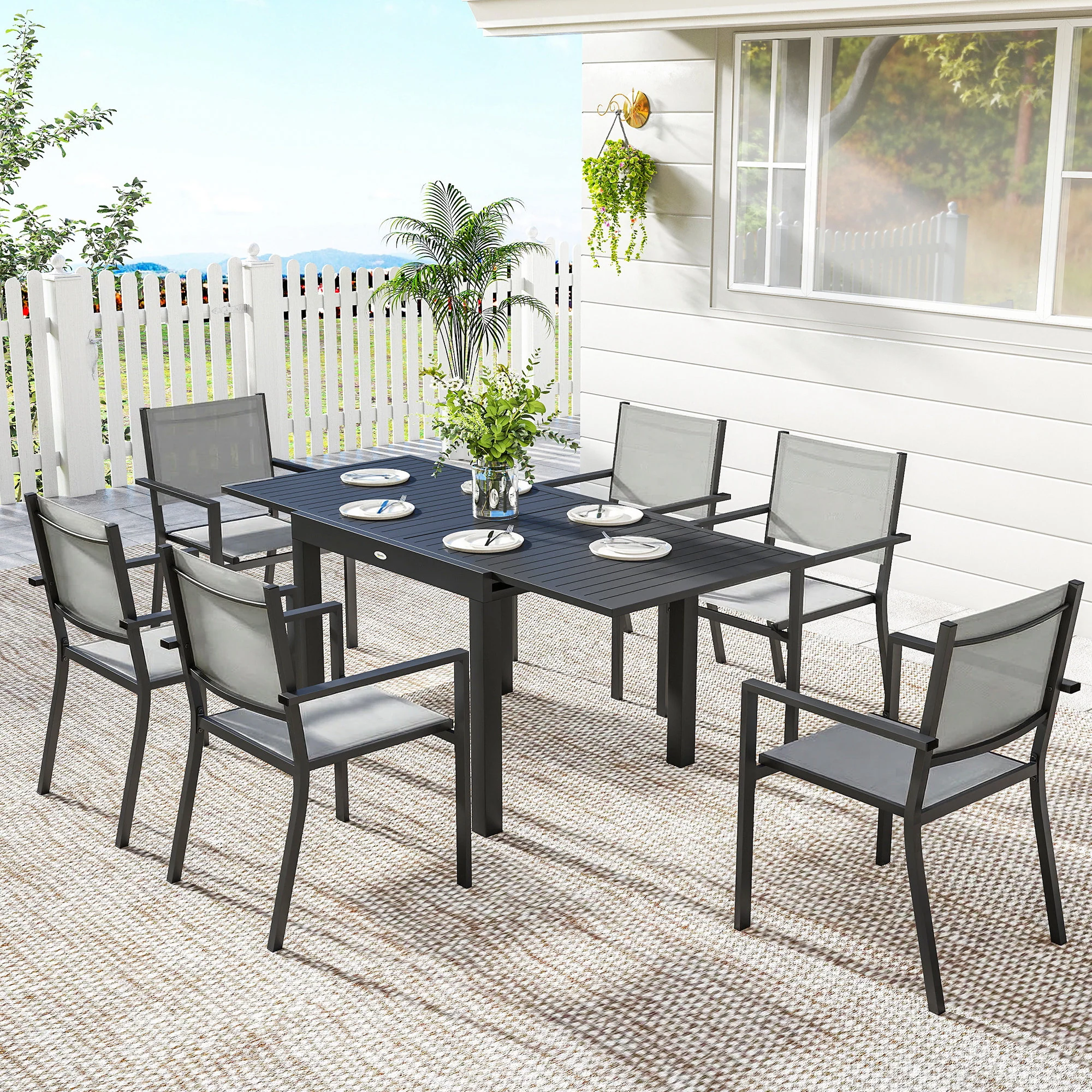 7 Piece Outdoor Dining Set with Extendable Table and Stackable Chairs - Image 4