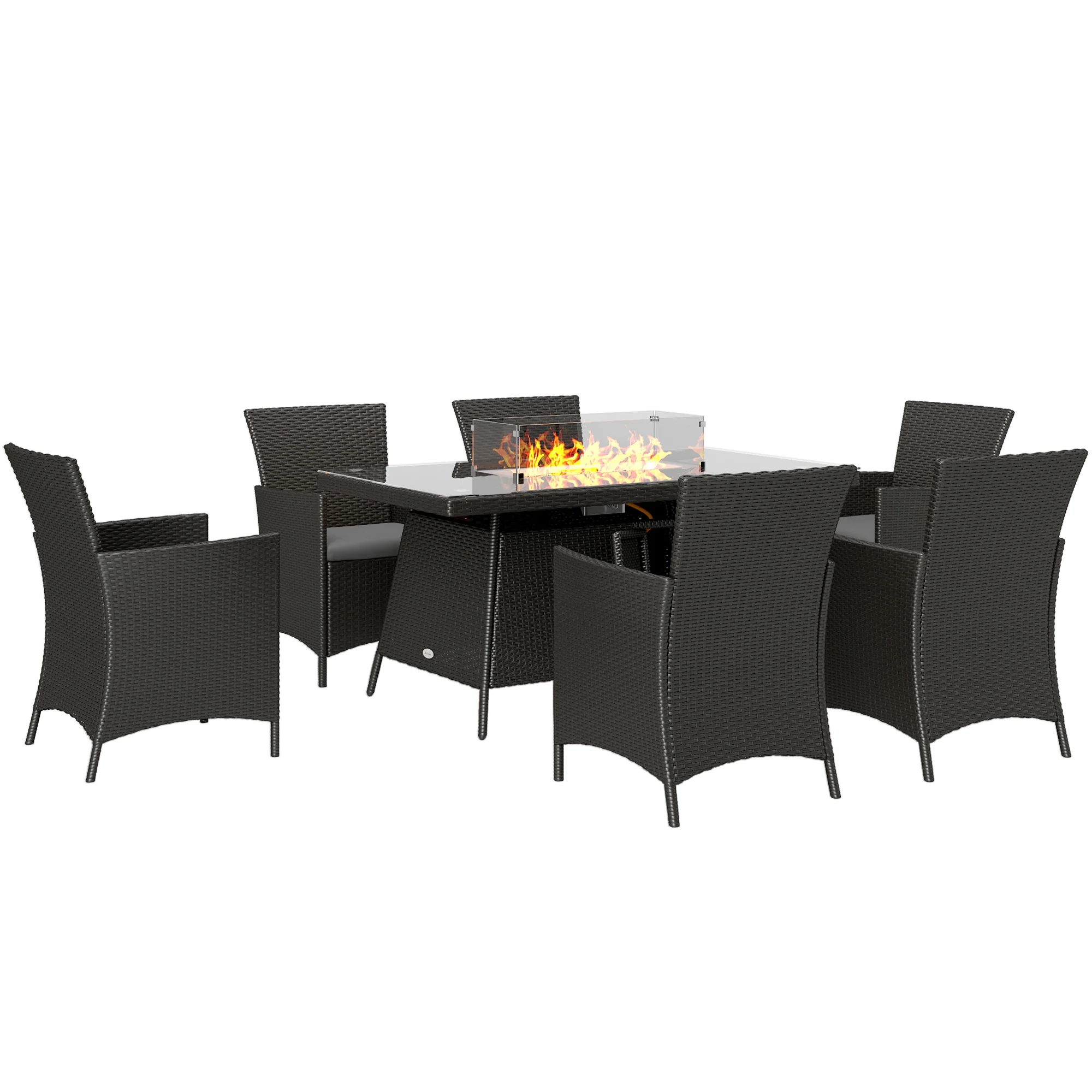 7 Pieces Rattan Garden Dining Set with Fire Pit Table, 6 Chairs with Cushions, Black