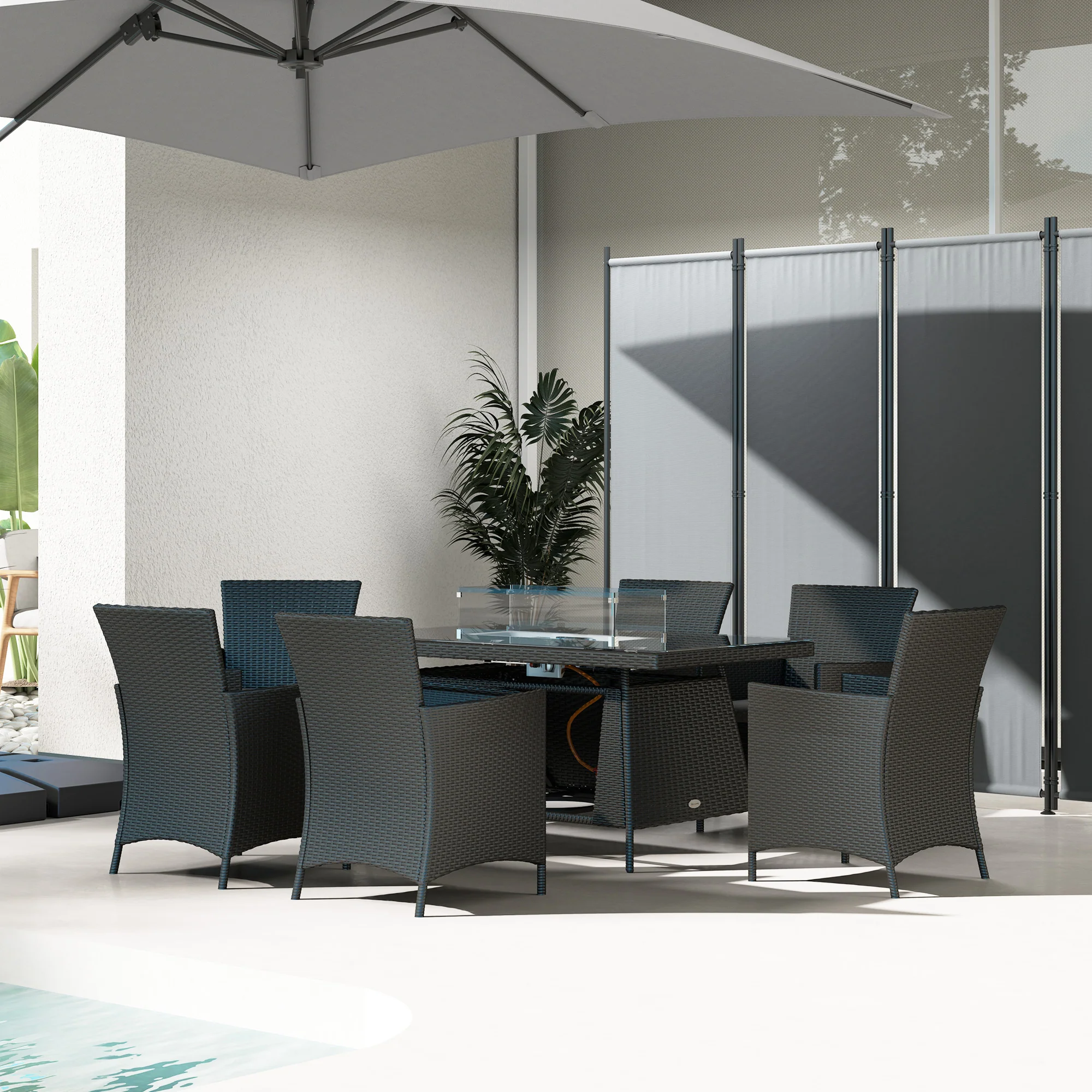 7 Pieces Rattan Garden Dining Set with Fire Pit Table, 6 Chairs with Cushions, Black - Image 10