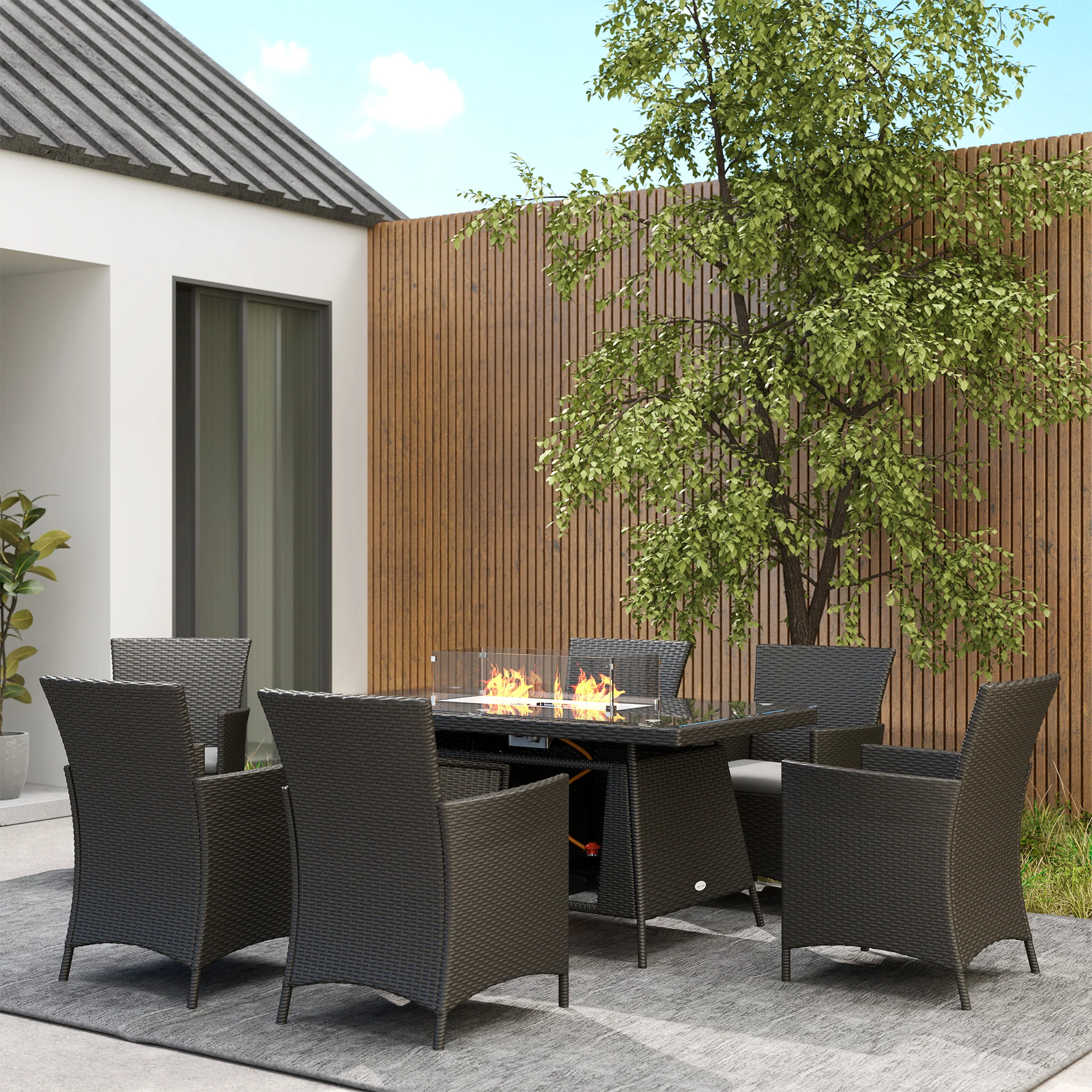 7 Pieces Rattan Garden Dining Set with Fire Pit Table, 6 Chairs with Cushions, Black - Image 11