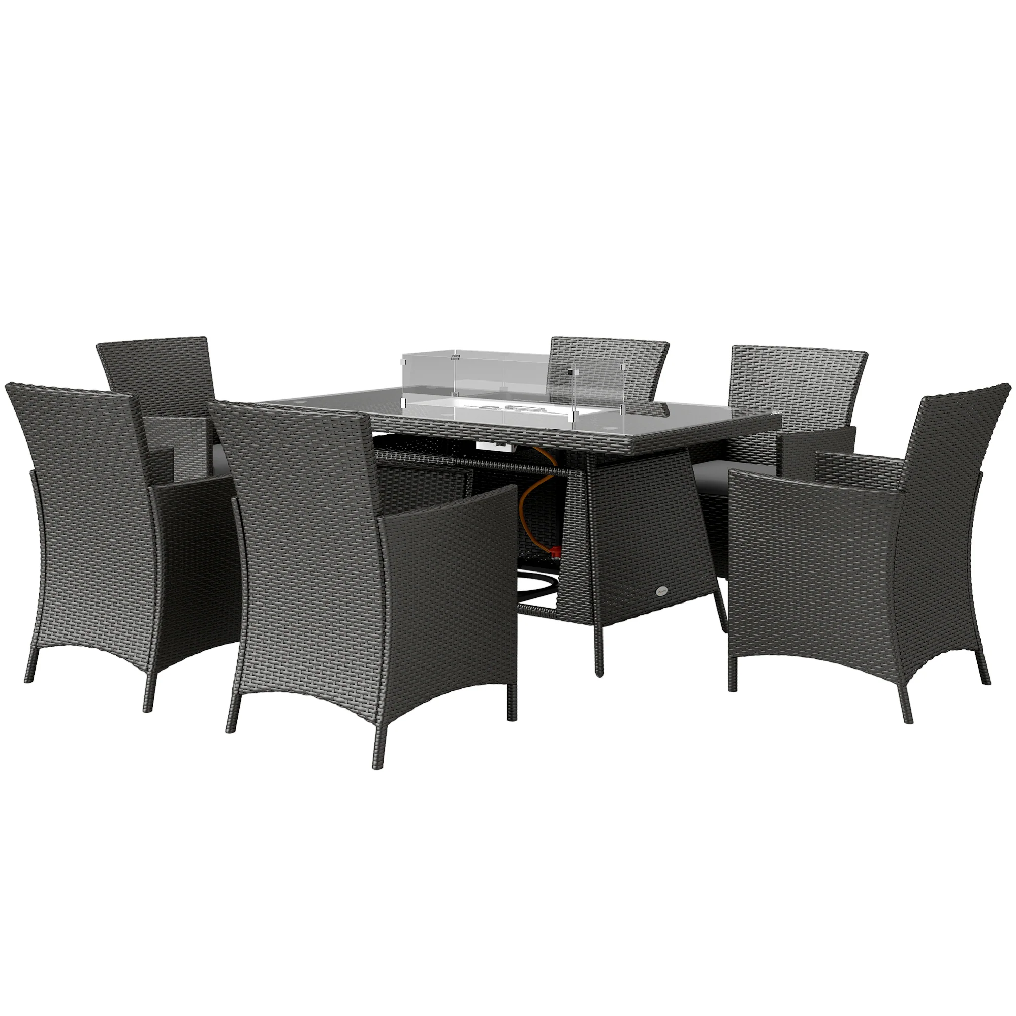 7 Pieces Rattan Garden Dining Set with Fire Pit Table, 6 Chairs with Cushions, Black - Image 2