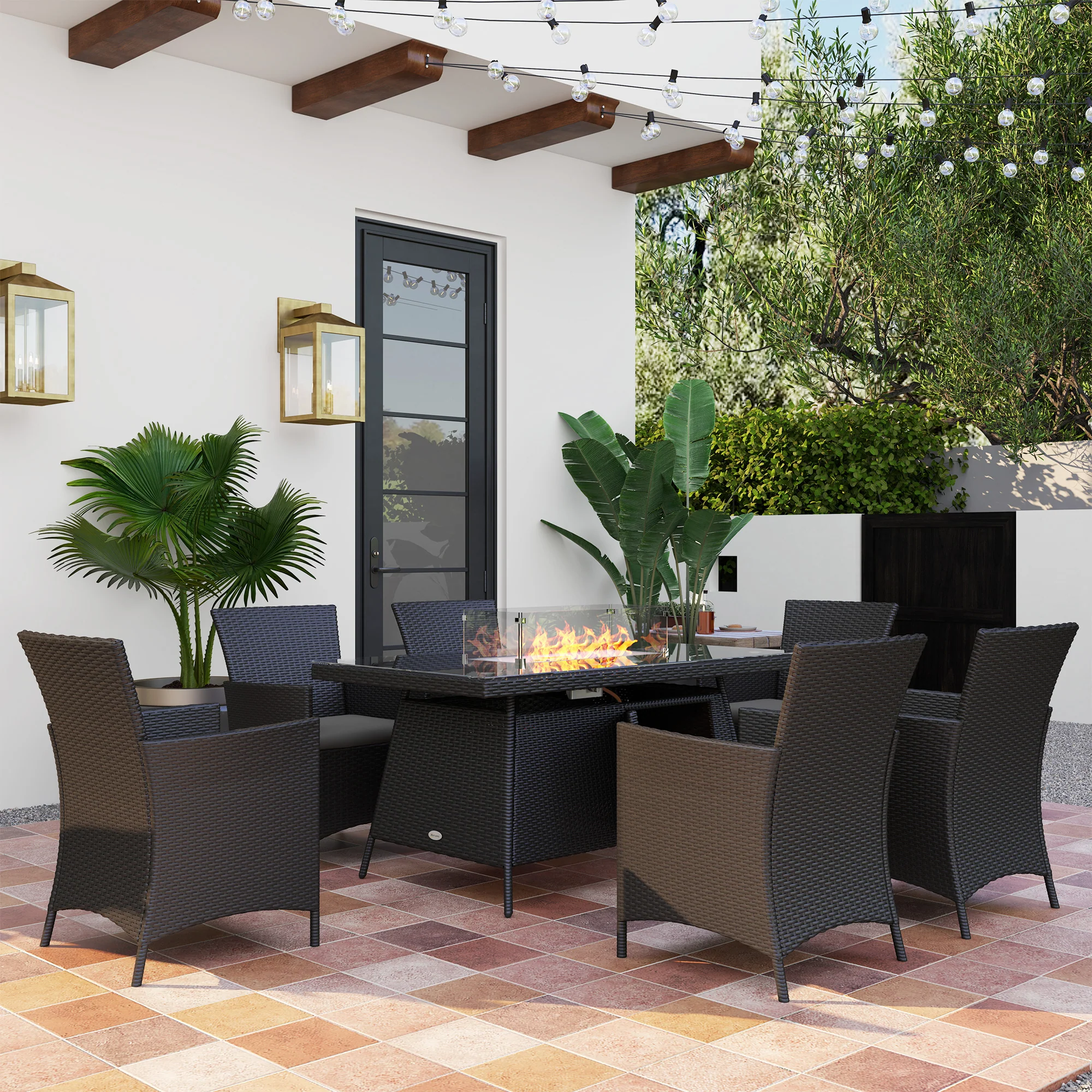7 Pieces Rattan Garden Dining Set with Fire Pit Table, 6 Chairs with Cushions, Black - Image 3