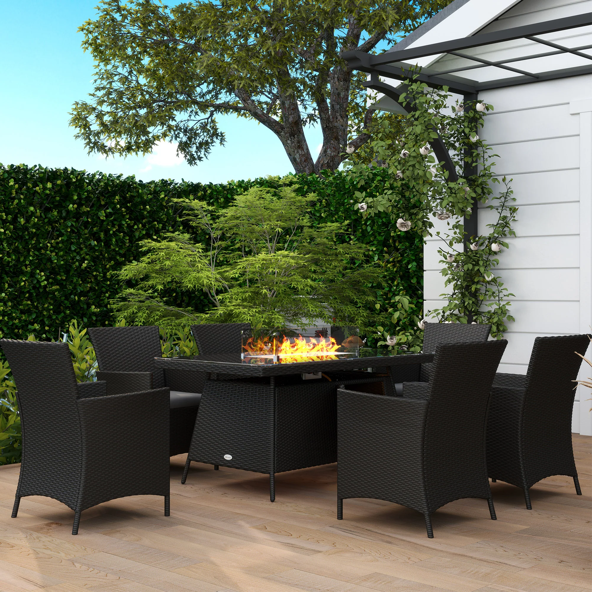 7 Pieces Rattan Garden Dining Set with Fire Pit Table, 6 Chairs with Cushions, Black - Image 4
