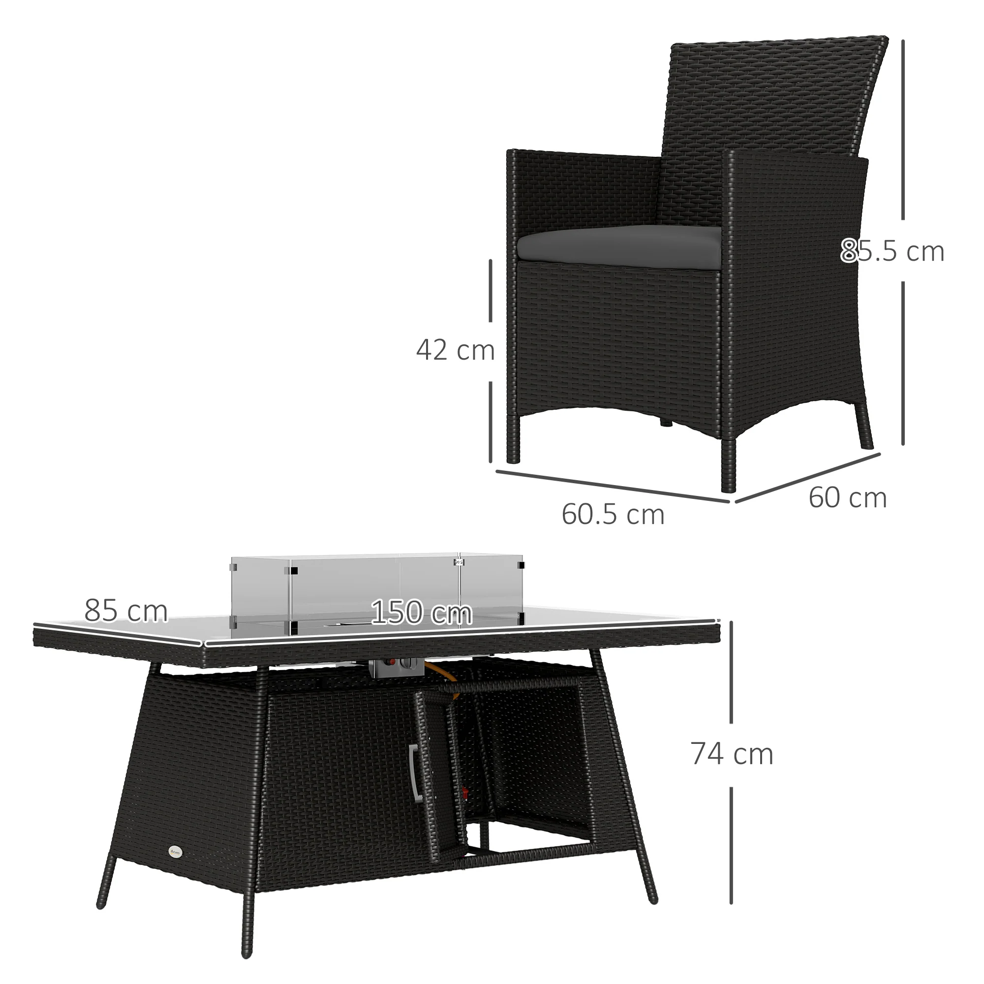 7 Pieces Rattan Garden Dining Set with Fire Pit Table, 6 Chairs with Cushions, Black - Image 5