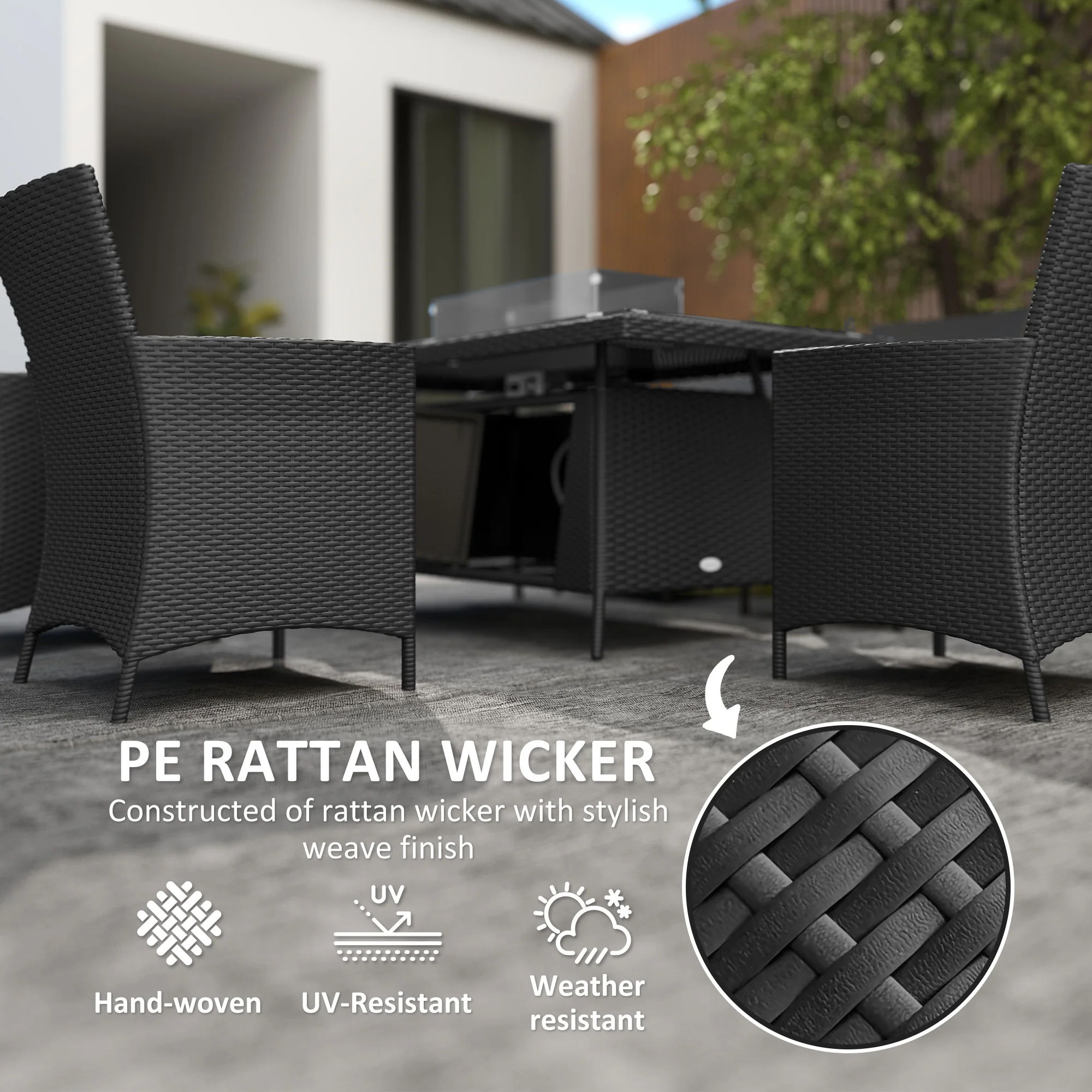7 Pieces Rattan Garden Dining Set with Fire Pit Table, 6 Chairs with Cushions, Black - Image 6