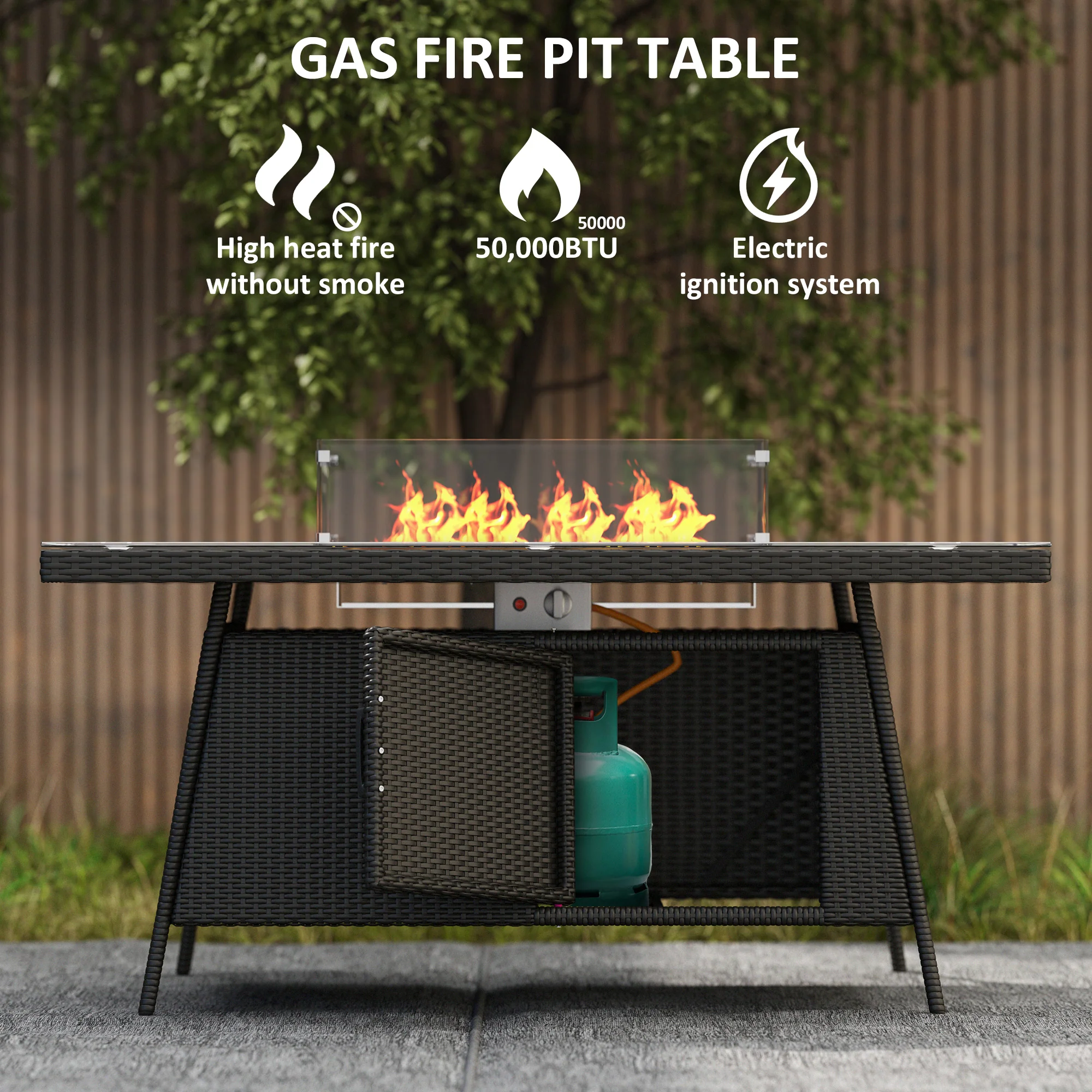7 Pieces Rattan Garden Dining Set with Fire Pit Table, 6 Chairs with Cushions, Black - Image 8