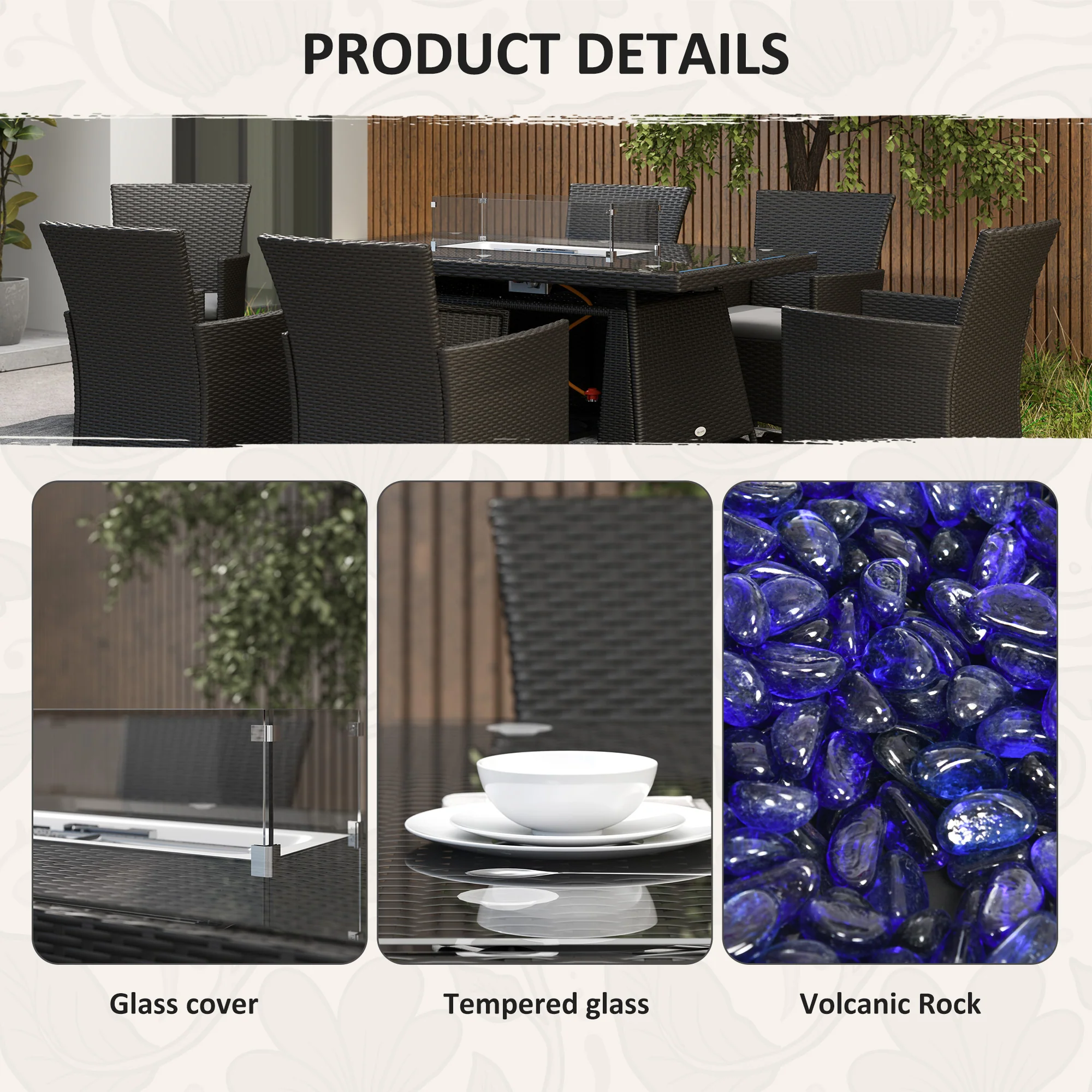 7 Pieces Rattan Garden Dining Set with Fire Pit Table, 6 Chairs with Cushions, Black - Image 9
