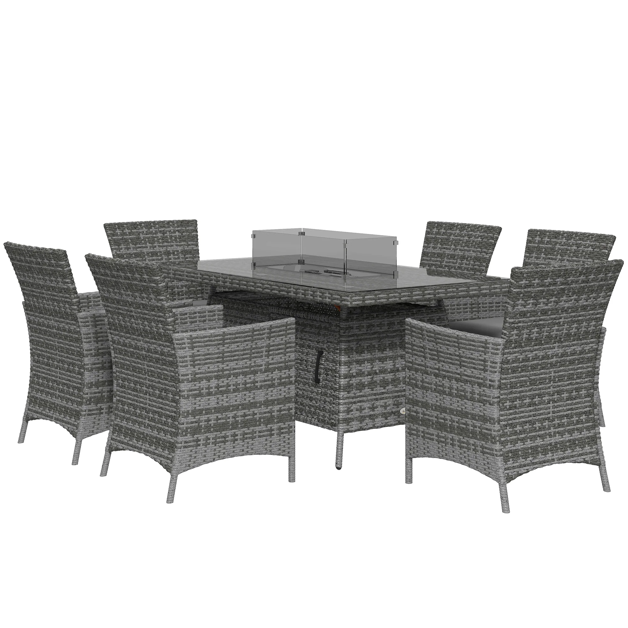 7 Pieces Rattan Garden Dining Set with Fire Pit Table, 6 Chairs with Cushions, Grey - Image 2