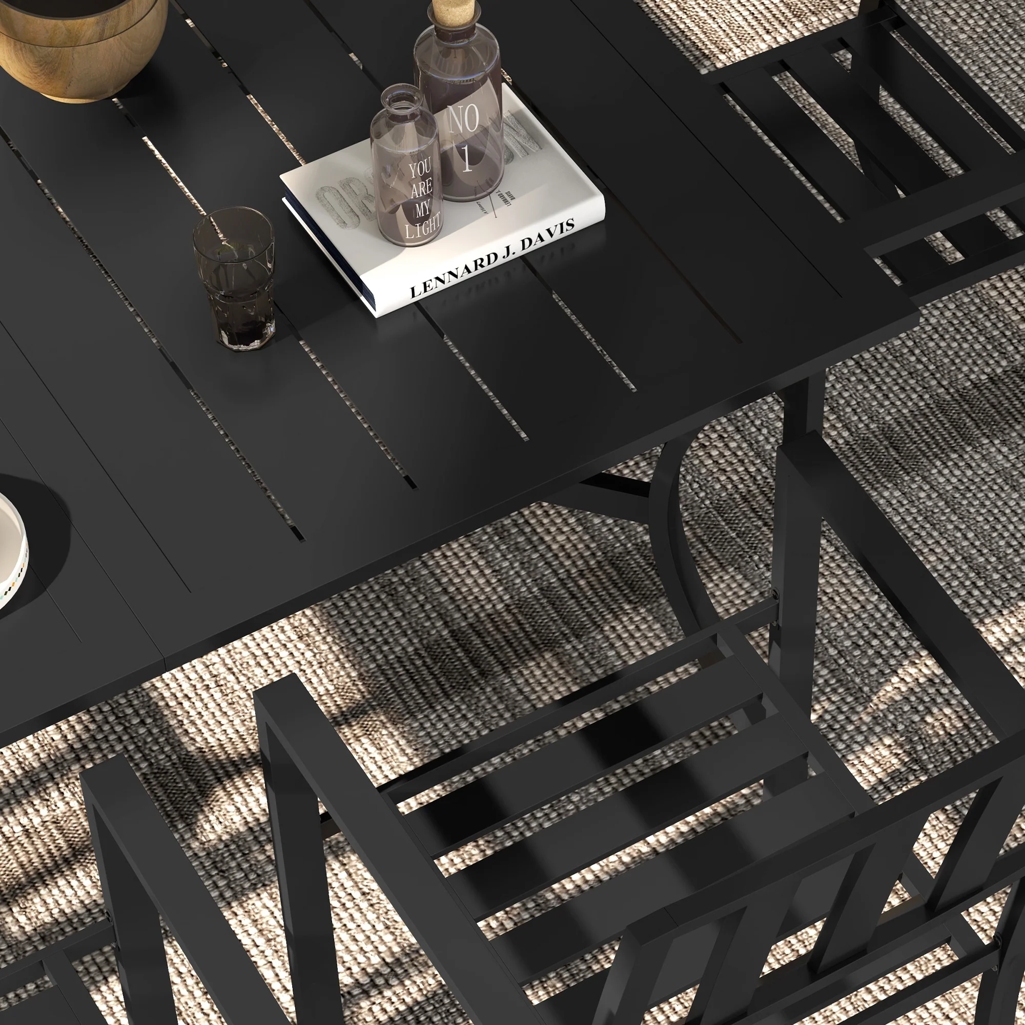 7 Pieces Patio Dining Set, 6 Seater Outdoor Table and Stackable Chairs with Umbrella Hole, Galvanised Steel Frame, Space Saving, for Poolside, Garden, Black - Image 10