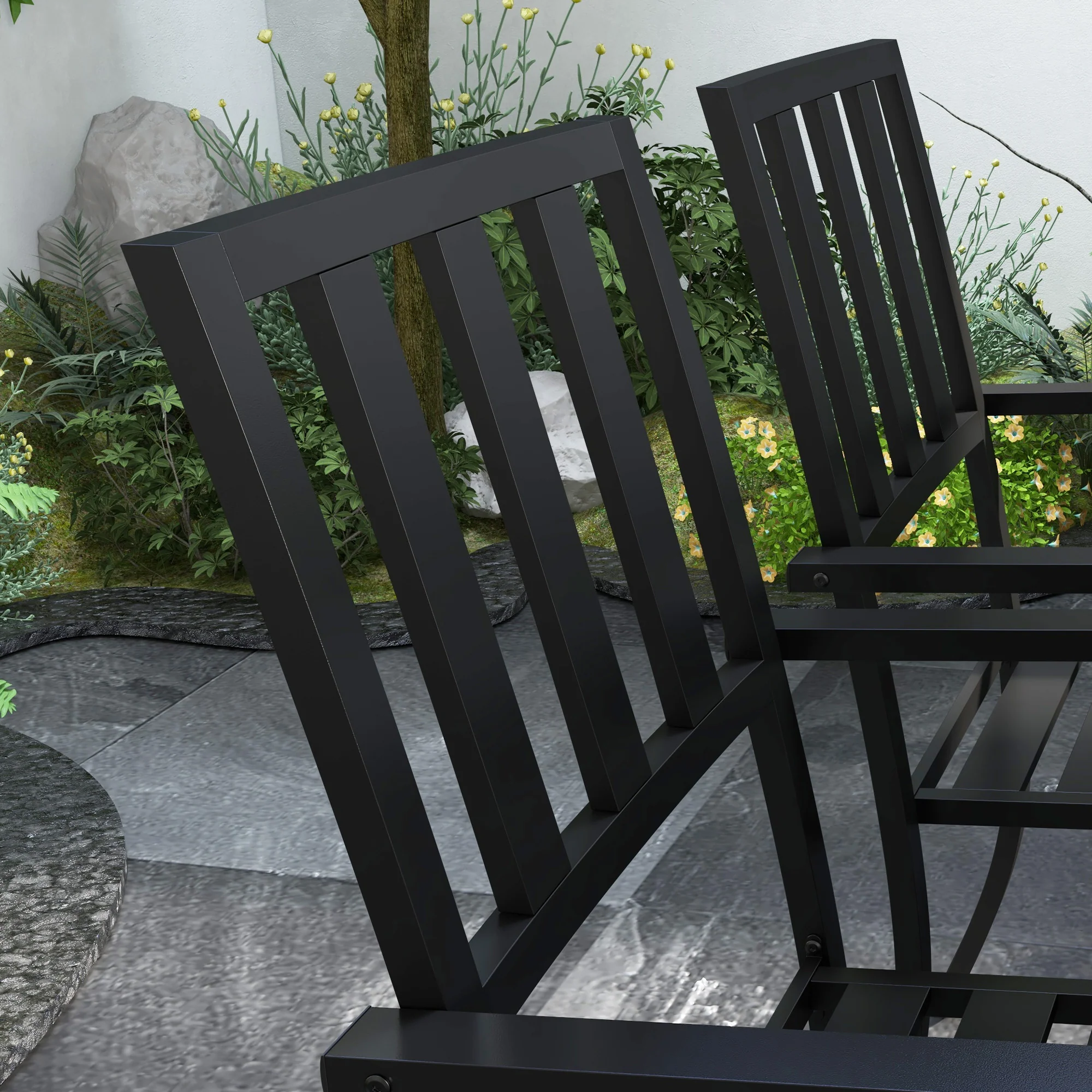 7 Pieces Patio Dining Set, 6 Seater Outdoor Table and Stackable Chairs with Umbrella Hole, Galvanised Steel Frame, Space Saving, for Poolside, Garden, Black - Image 11