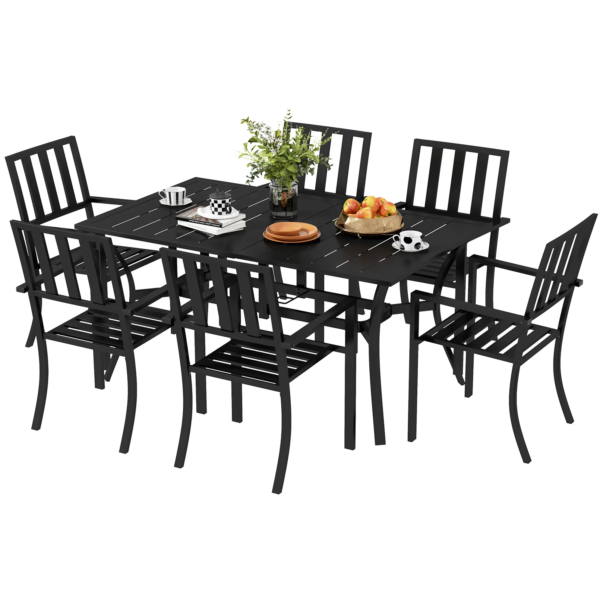 7 Pieces Patio Dining Set, 6 Seater Outdoor Table and Stackable Chairs with Umbrella Hole, Galvanised Steel Frame, Space Saving, for Poolside, Garden, Black - Image 2