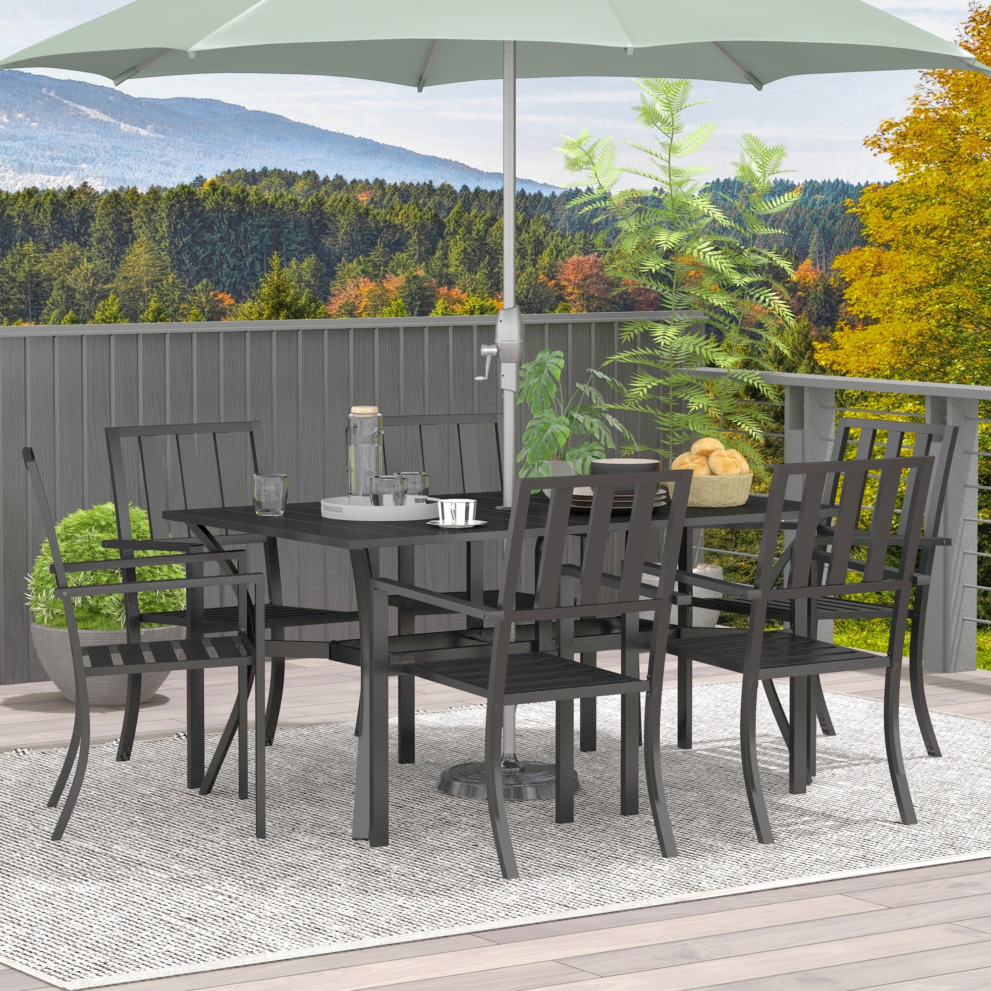 7 Pieces Patio Dining Set, 6 Seater Outdoor Table and Stackable Chairs with Umbrella Hole, Galvanised Steel Frame, Space Saving, for Poolside, Garden, Black - Image 3