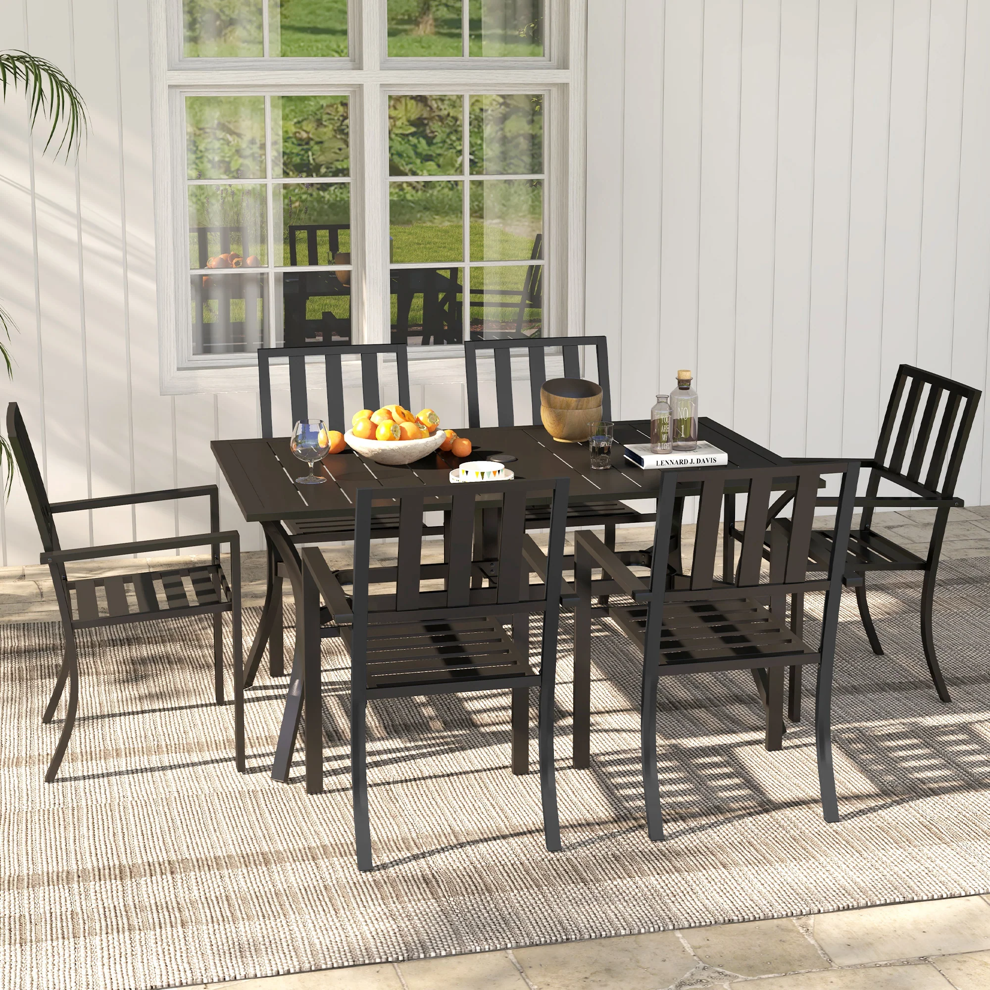 7 Pieces Patio Dining Set, 6 Seater Outdoor Table and Stackable Chairs with Umbrella Hole, Galvanised Steel Frame, Space Saving, for Poolside, Garden, Black - Image 4