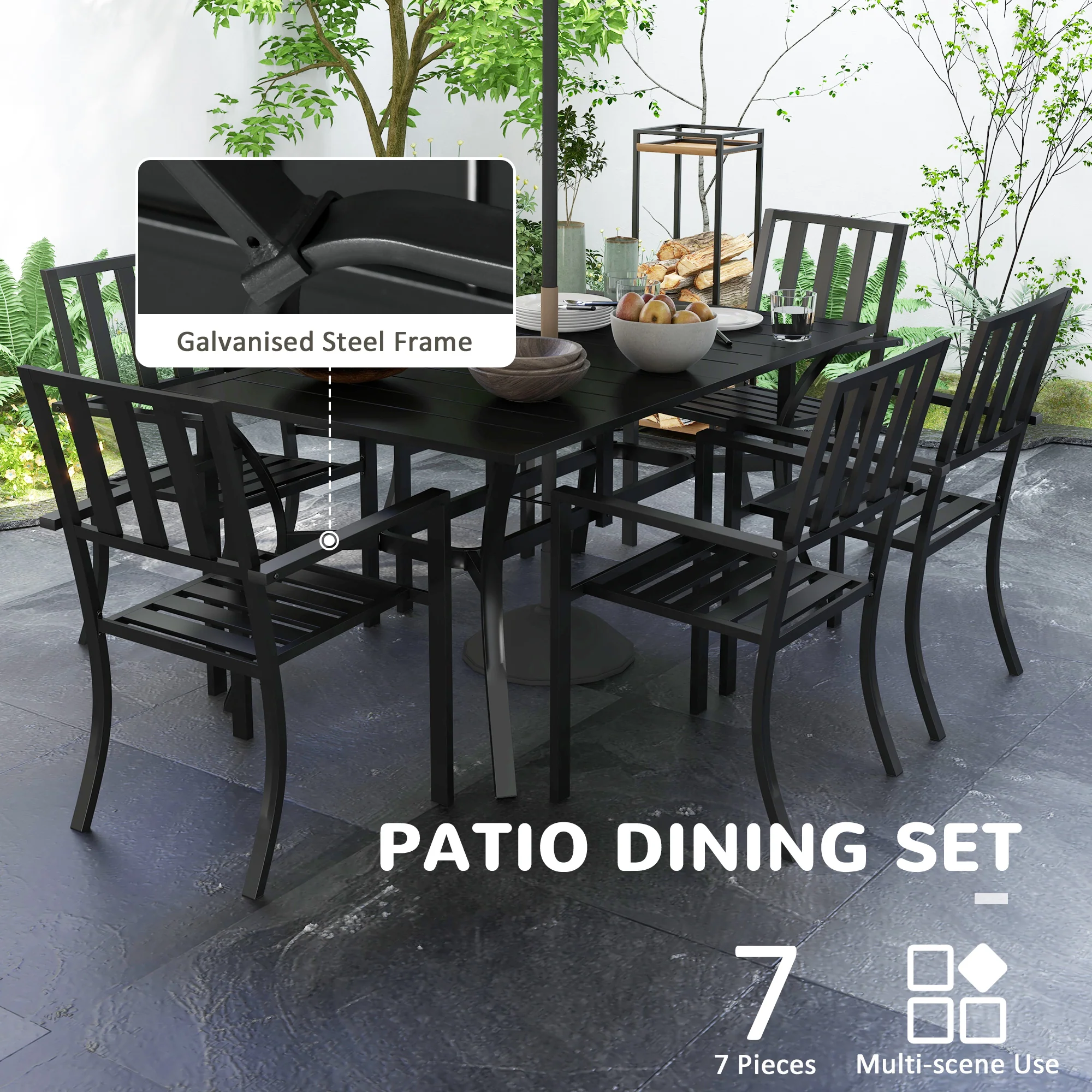 7 Pieces Patio Dining Set, 6 Seater Outdoor Table and Stackable Chairs with Umbrella Hole, Galvanised Steel Frame, Space Saving, for Poolside, Garden, Black - Image 8