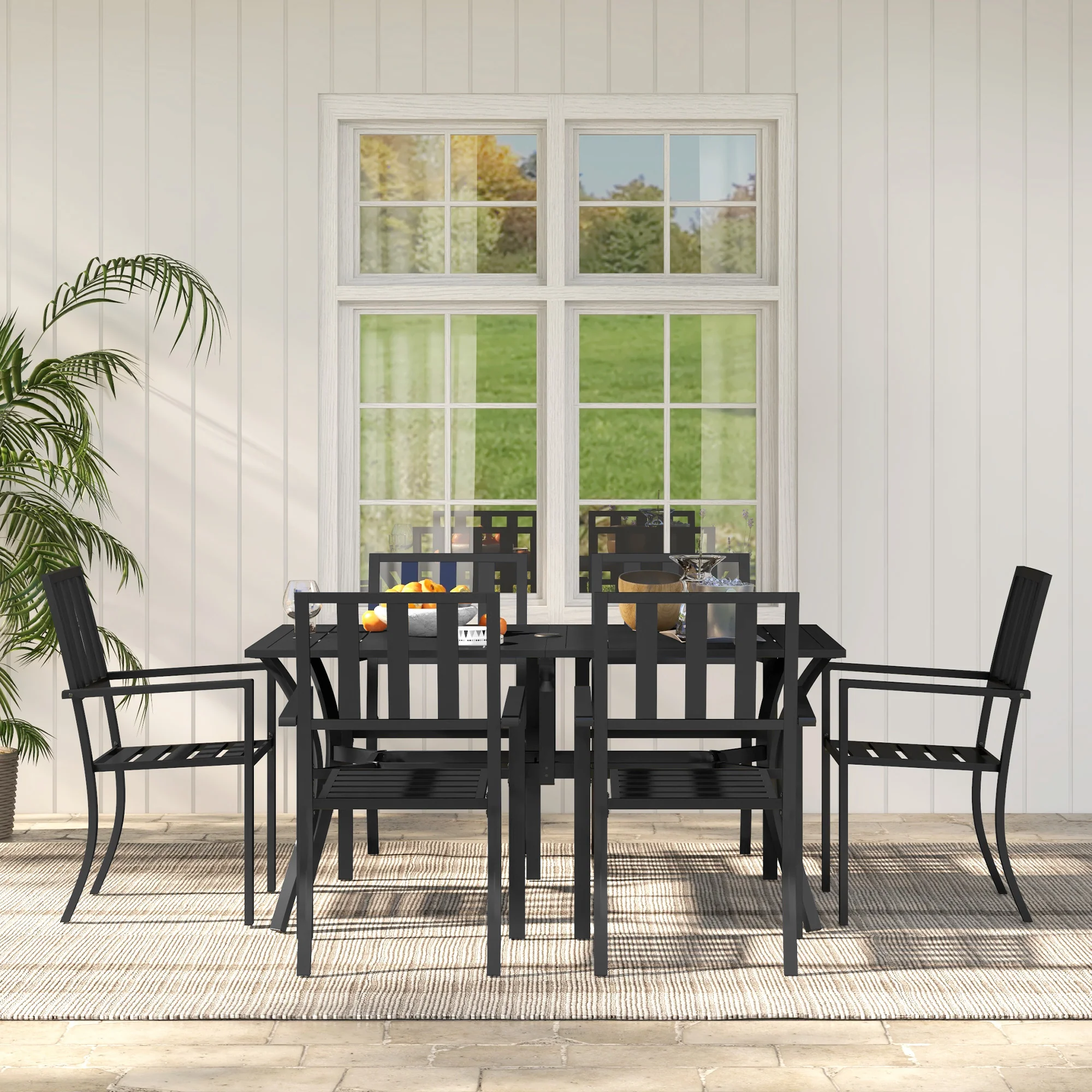 7 Pieces Patio Dining Set, 6 Seater Outdoor Table and Stackable Chairs with Umbrella Hole, Galvanised Steel Frame, Space Saving, for Poolside, Garden, Black - Image 9