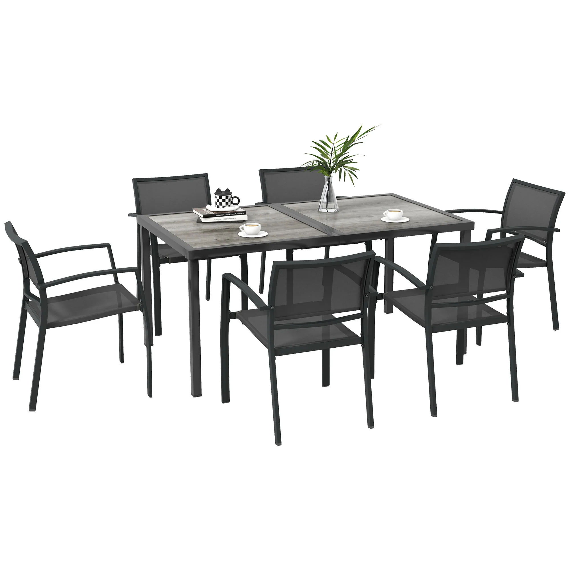 7 Pieces Outdoor Dining Set w/ 6 Stackable Chairs, Patio Table & Chairs w/ Mesh Seat, Black