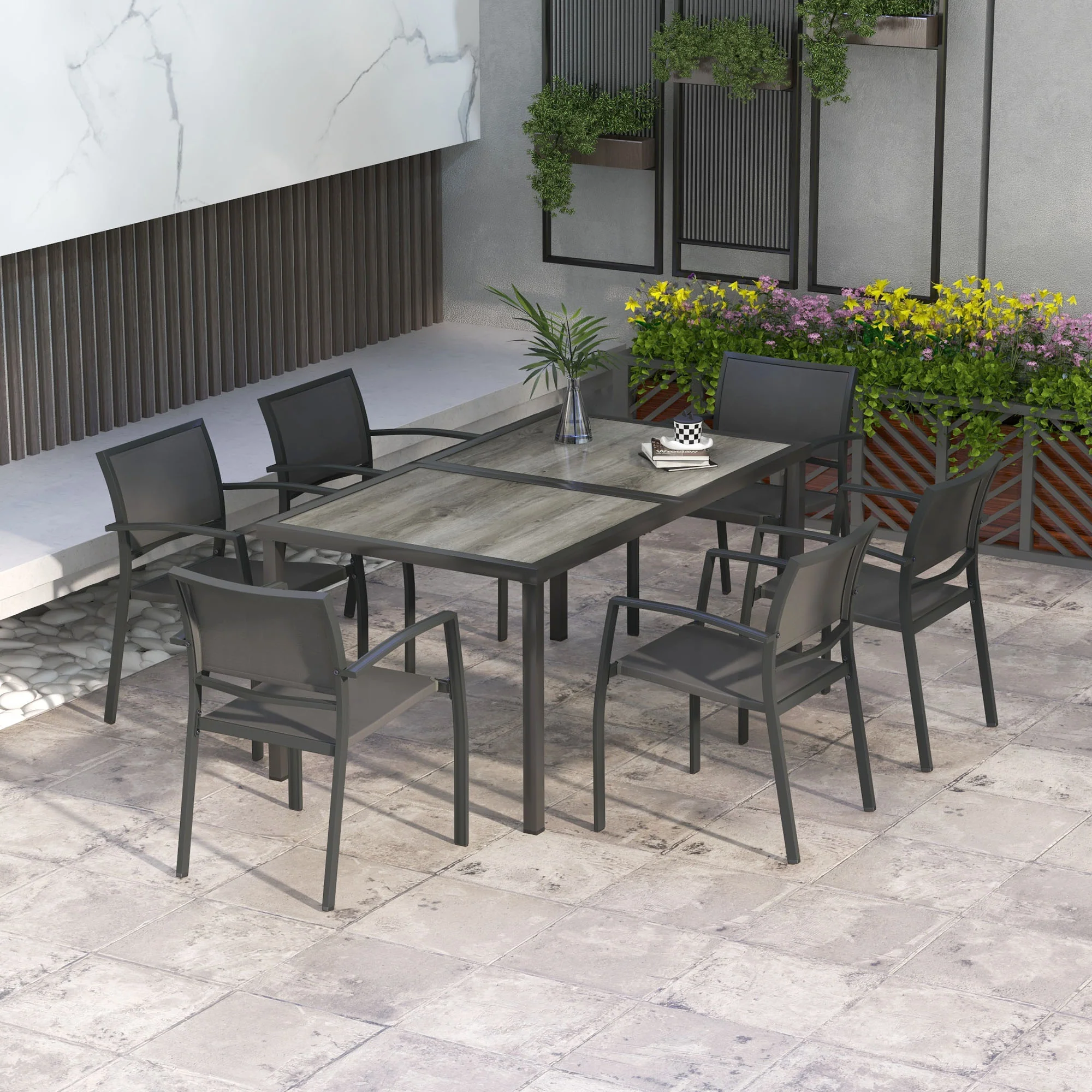 7 Pieces Outdoor Dining Set w/ 6 Stackable Chairs, Patio Table & Chairs w/ Mesh Seat, Black - Image 3