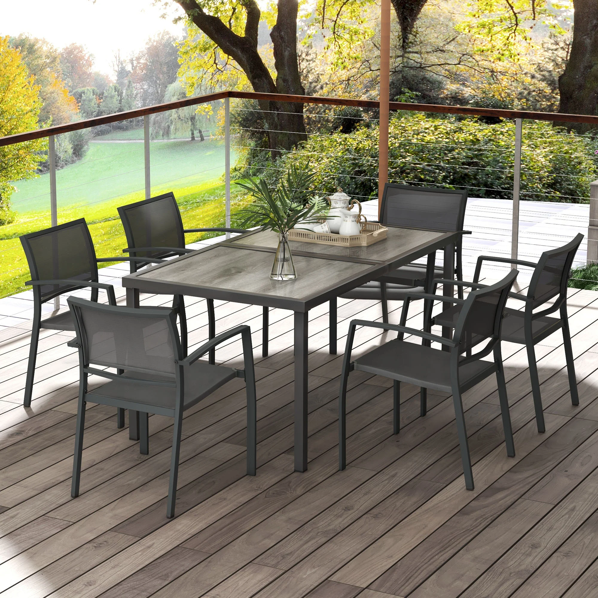 7 Pieces Outdoor Dining Set w/ 6 Stackable Chairs, Patio Table & Chairs w/ Mesh Seat, Black - Image 4