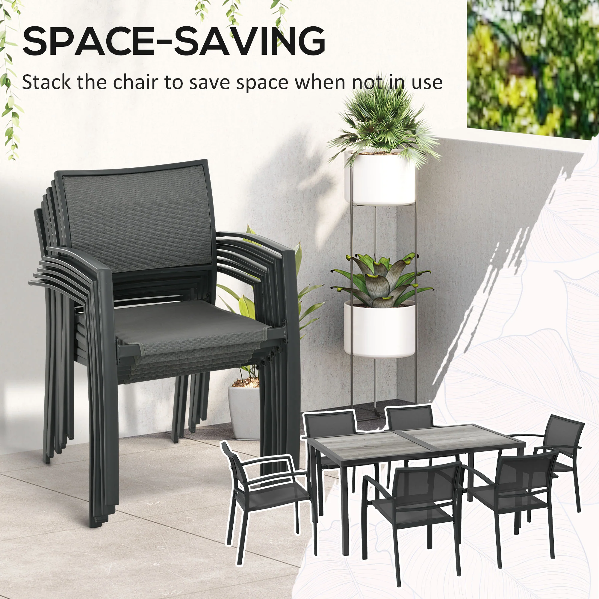 7 Pieces Outdoor Dining Set w/ 6 Stackable Chairs, Patio Table & Chairs w/ Mesh Seat, Black - Image 6
