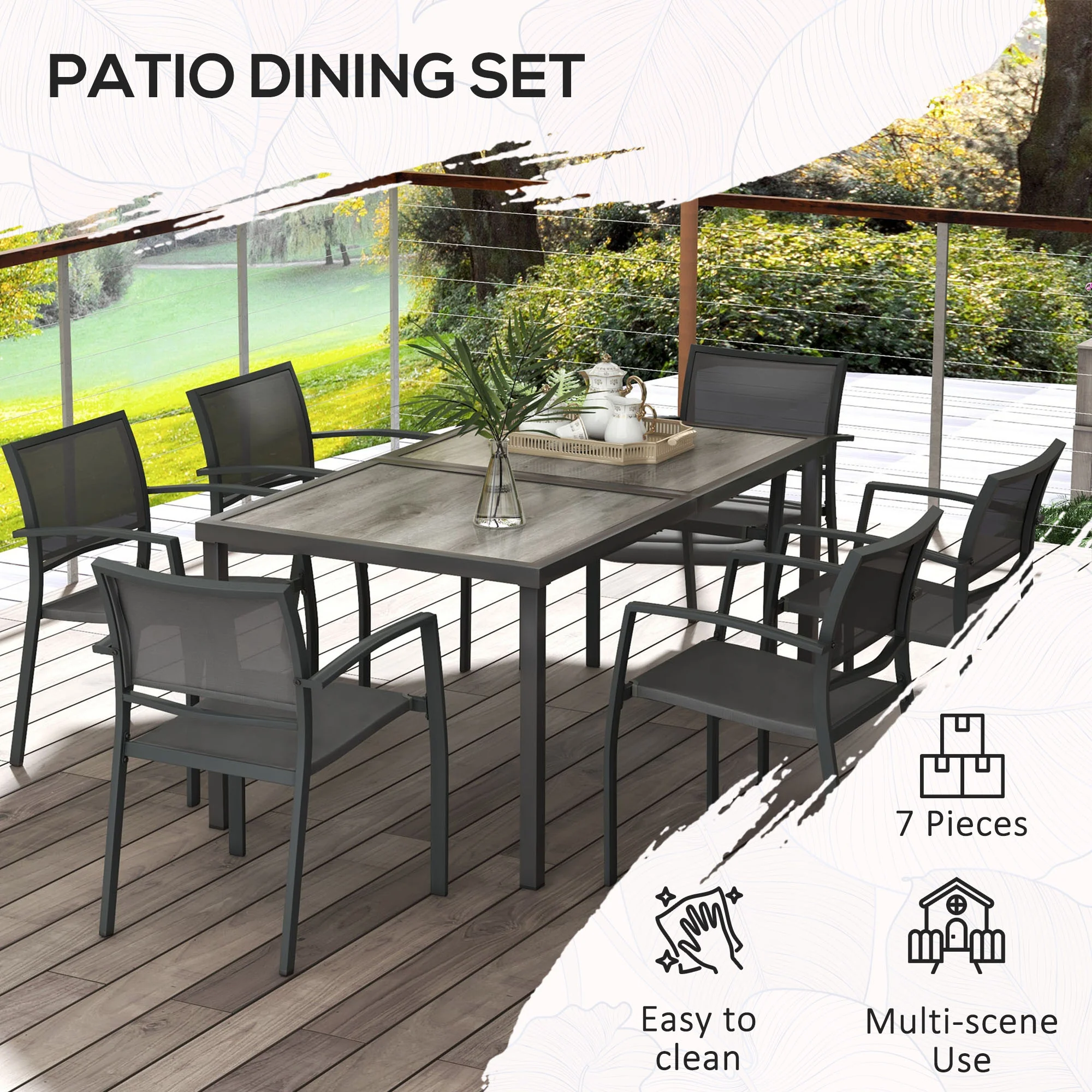 7 Pieces Outdoor Dining Set w/ 6 Stackable Chairs, Patio Table & Chairs w/ Mesh Seat, Black - Image 8