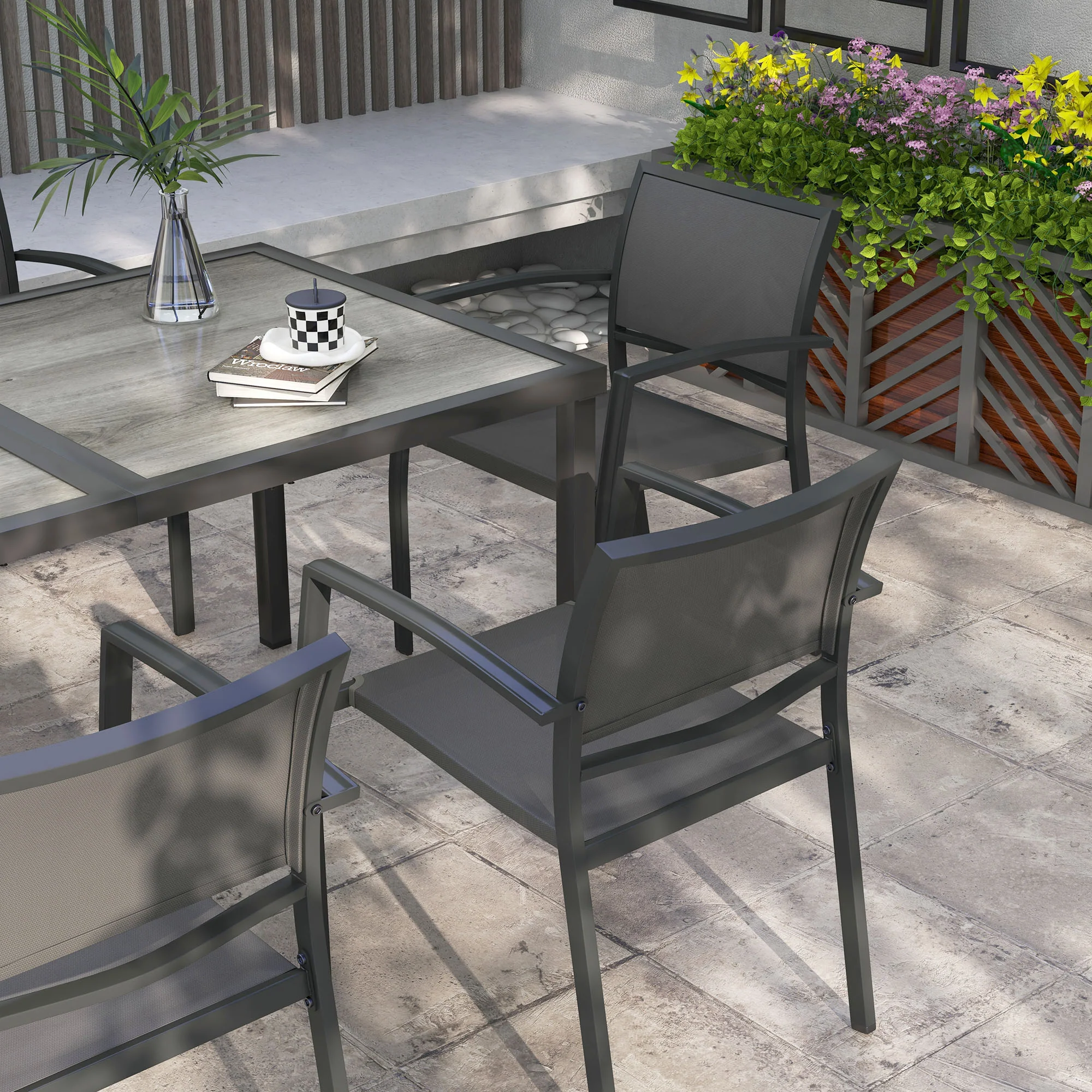 7 Pieces Outdoor Dining Set w/ 6 Stackable Chairs, Patio Table & Chairs w/ Mesh Seat, Black - Image 9