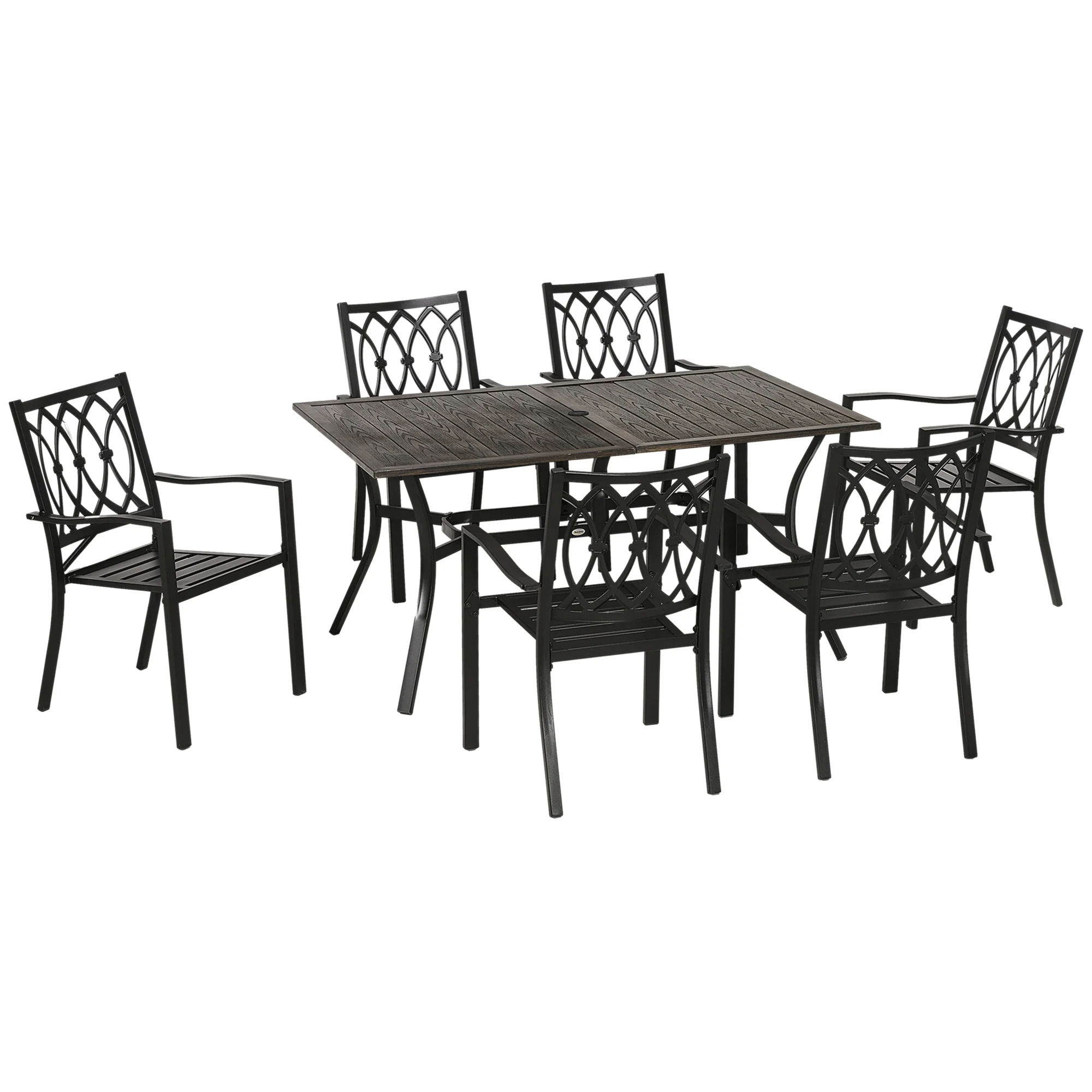 7 Pieces Outdoor Dining Set for 6, Wood Grain Steel Table with Stackable Chairs, Brown - Image 2