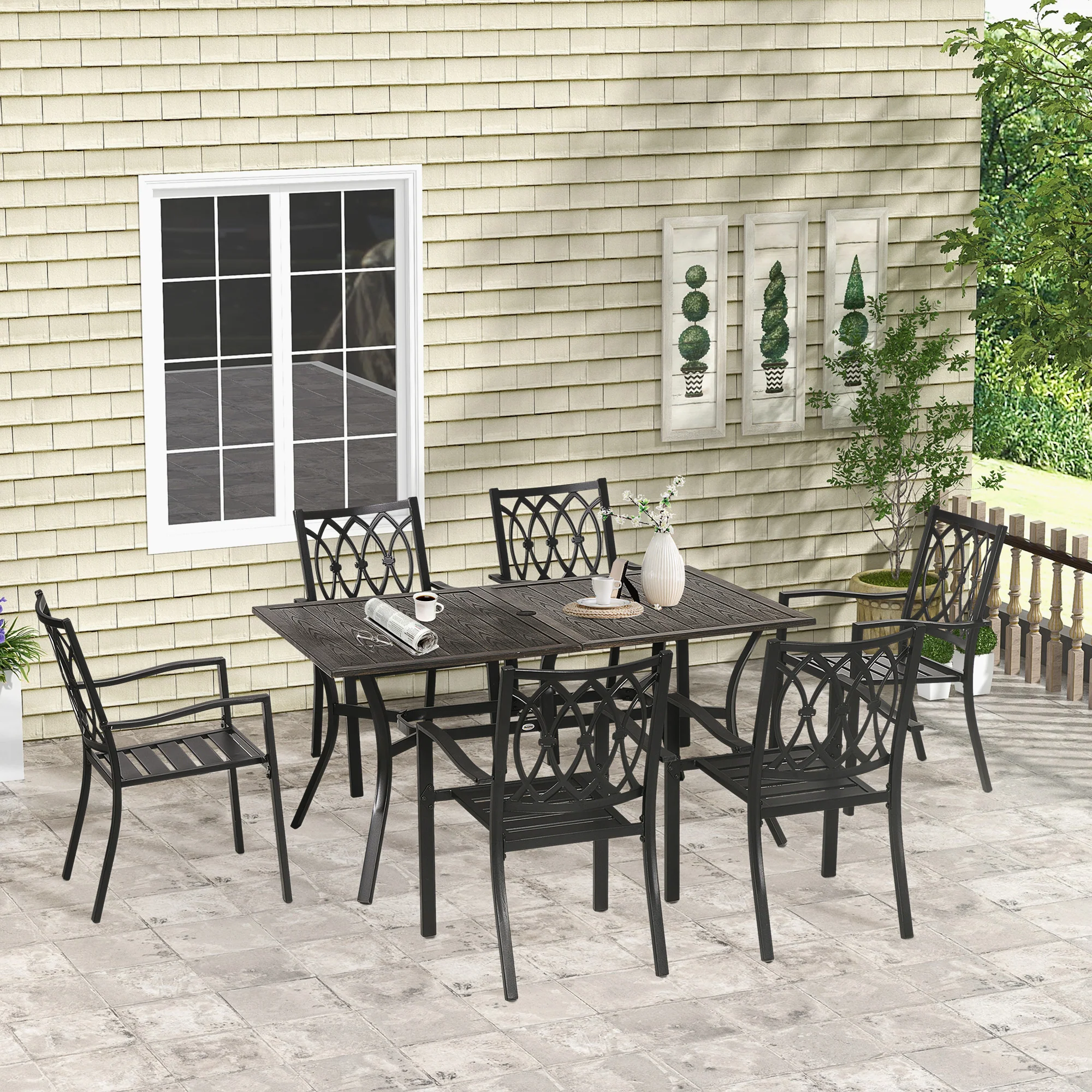 7 Pieces Outdoor Dining Set for 6, Wood Grain Steel Table with Stackable Chairs, Brown - Image 3