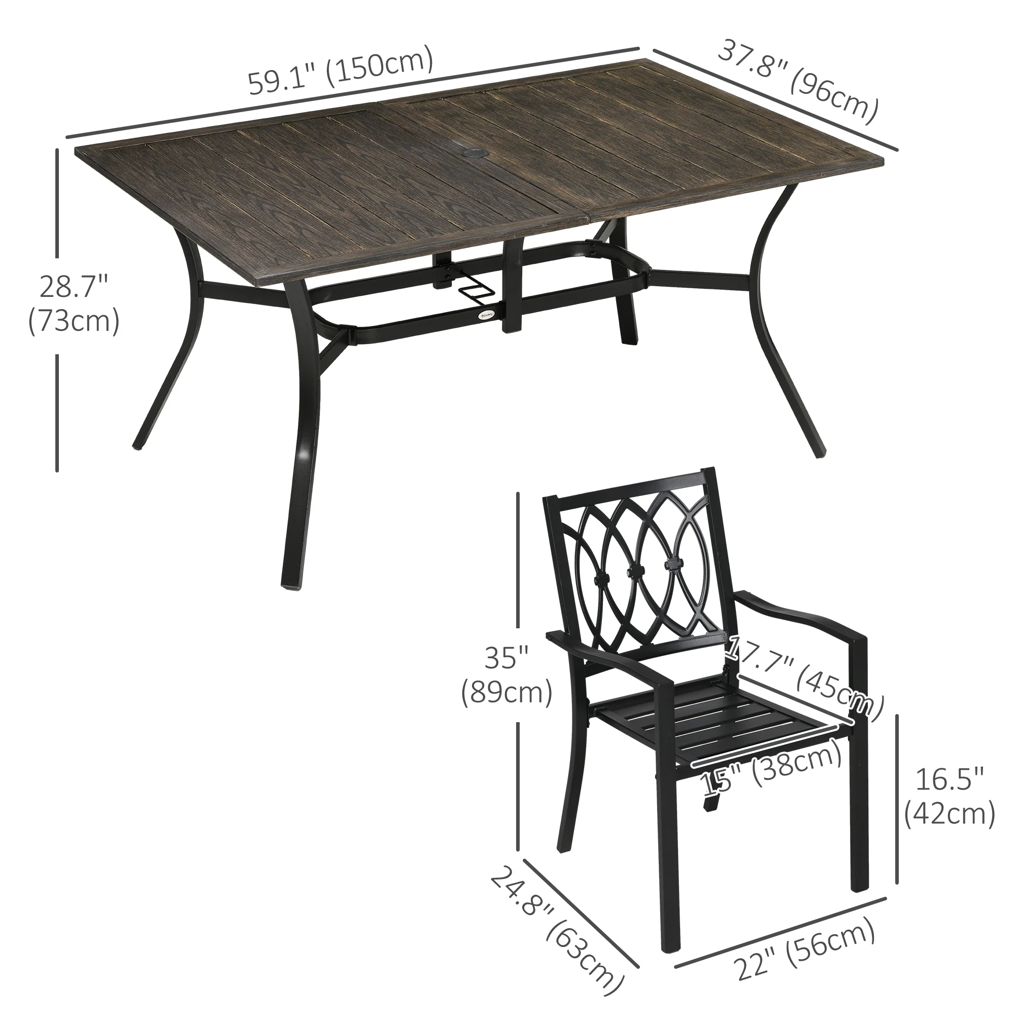 7 Pieces Outdoor Dining Set for 6, Wood Grain Steel Table with Stackable Chairs, Brown - Image 5