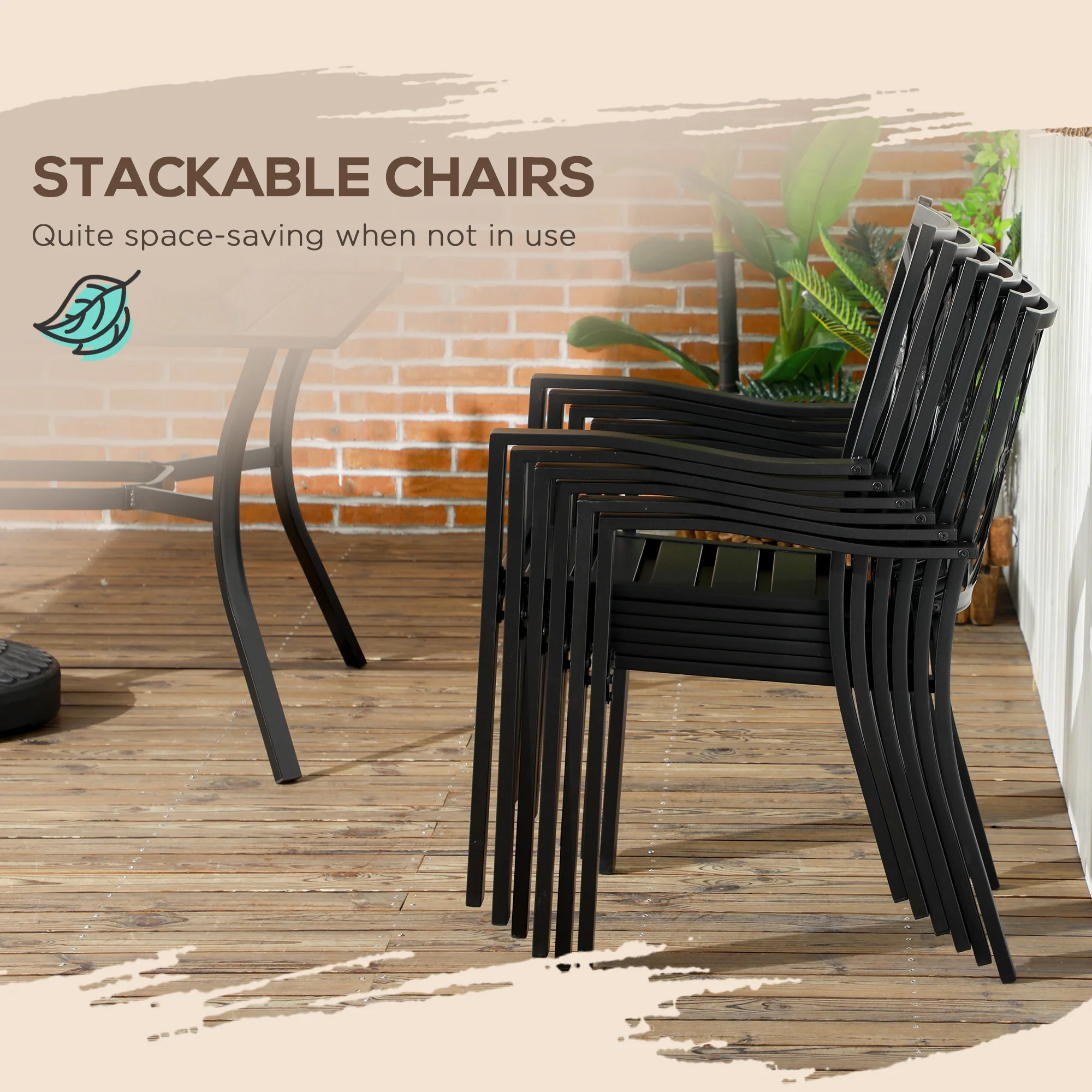 7 Pieces Outdoor Dining Set for 6, Wood Grain Steel Table with Stackable Chairs, Brown - Image 7