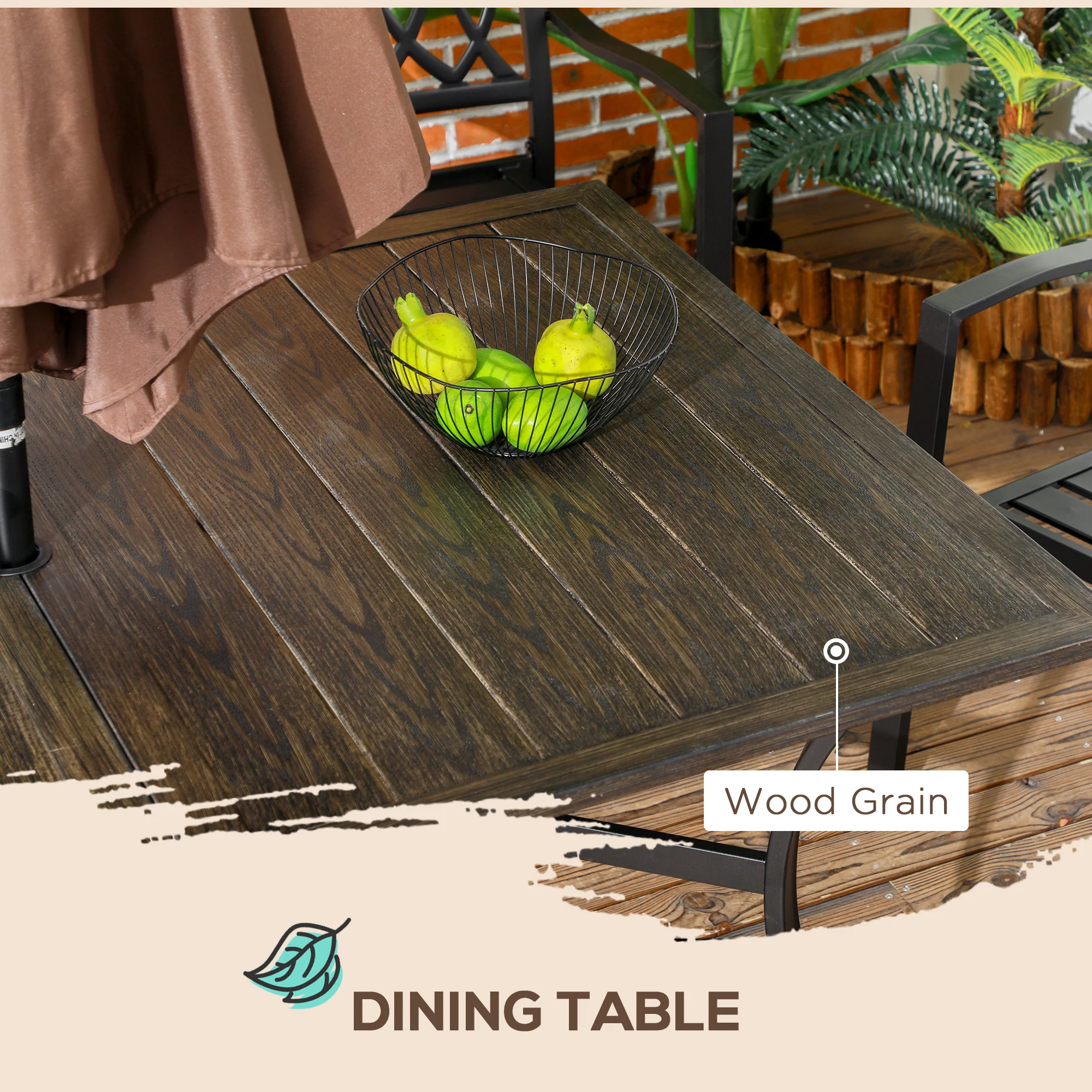 7 Pieces Outdoor Dining Set for 6, Wood Grain Steel Table with Stackable Chairs, Brown - Image 8
