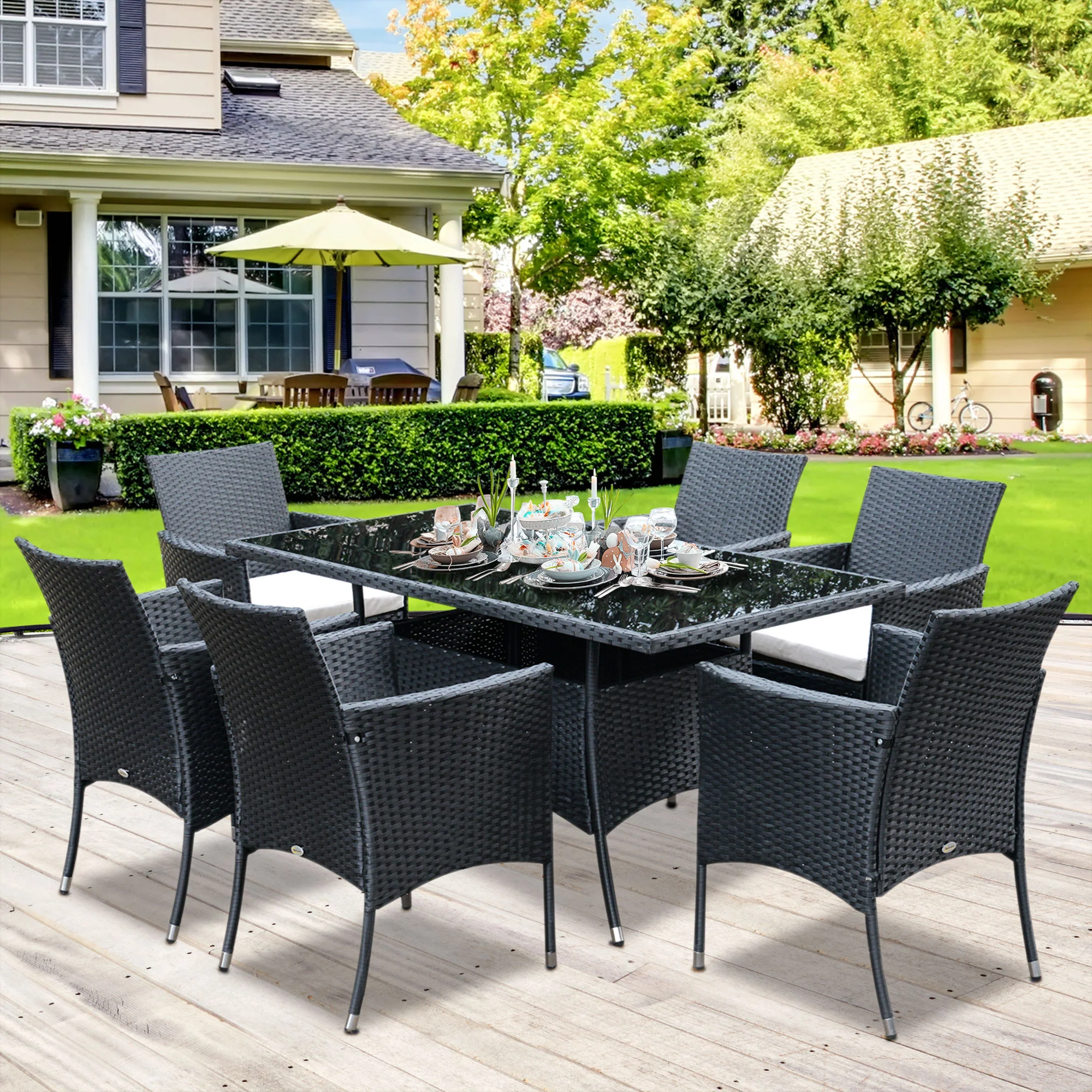 7 Pieces Patio Wicker Dining Set with Removable Cushions & Tempered Glass Tabletop, Black - Image 3