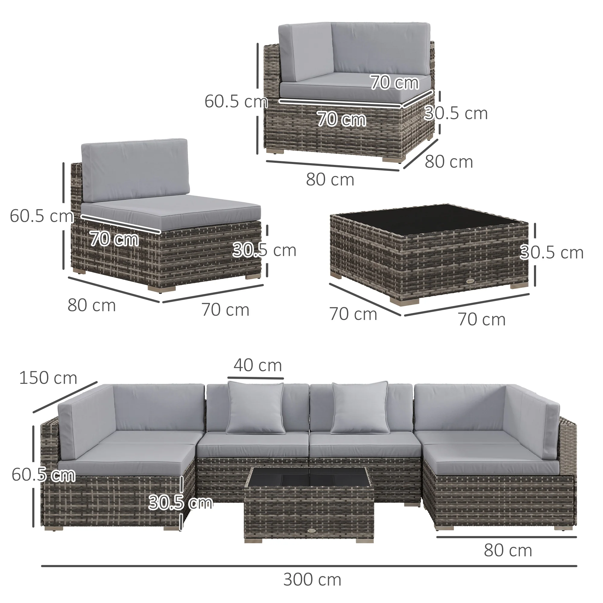 7 Pieces PE Rattan Corner Sofa Set with Cushion, Pillows & Glass Coffee Table, Grey - Image 5