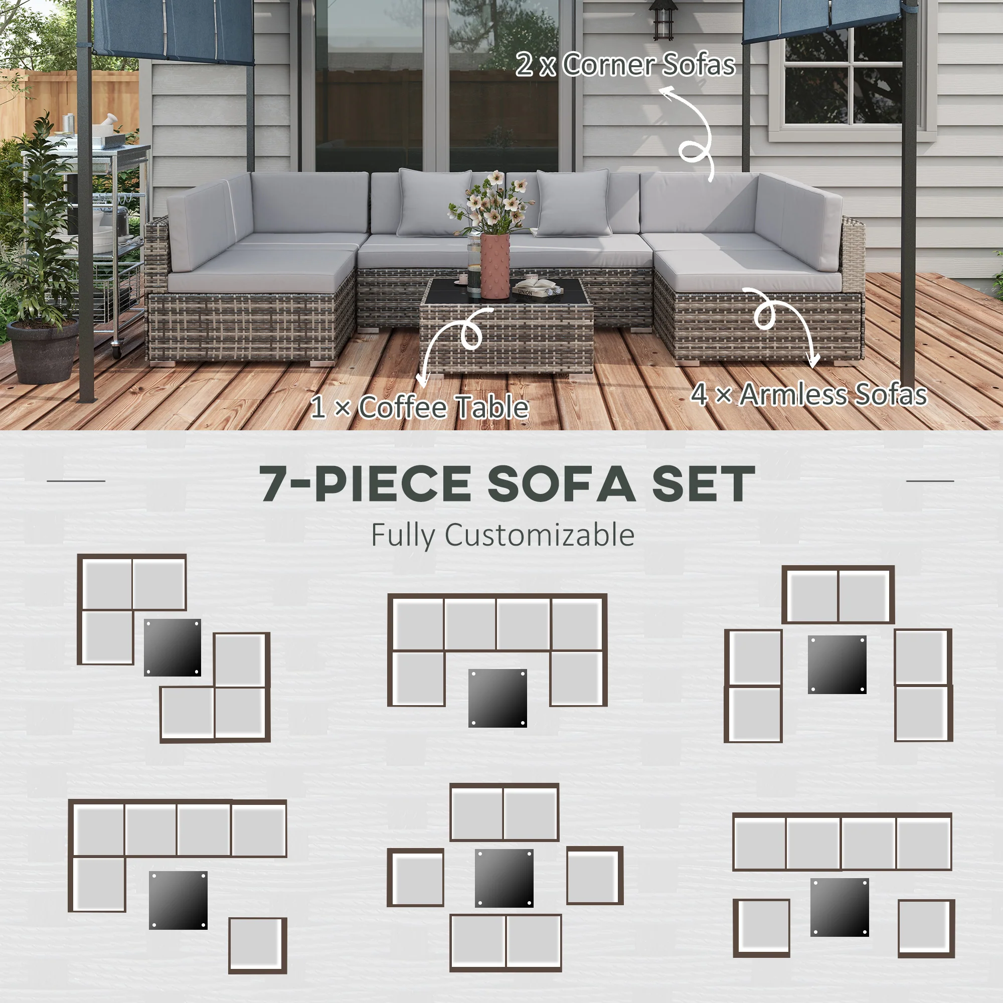 7 Pieces PE Rattan Corner Sofa Set with Cushion, Pillows & Glass Coffee Table, Grey - Image 6