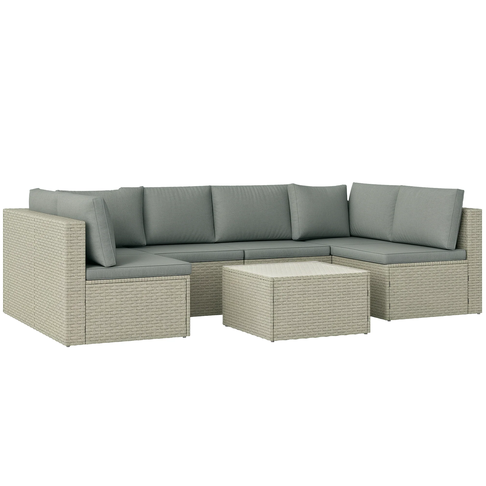 7 Piece Rattan Garden Furniture Set, 6 Seater Corner Sofa & Glass Table, Light Brown