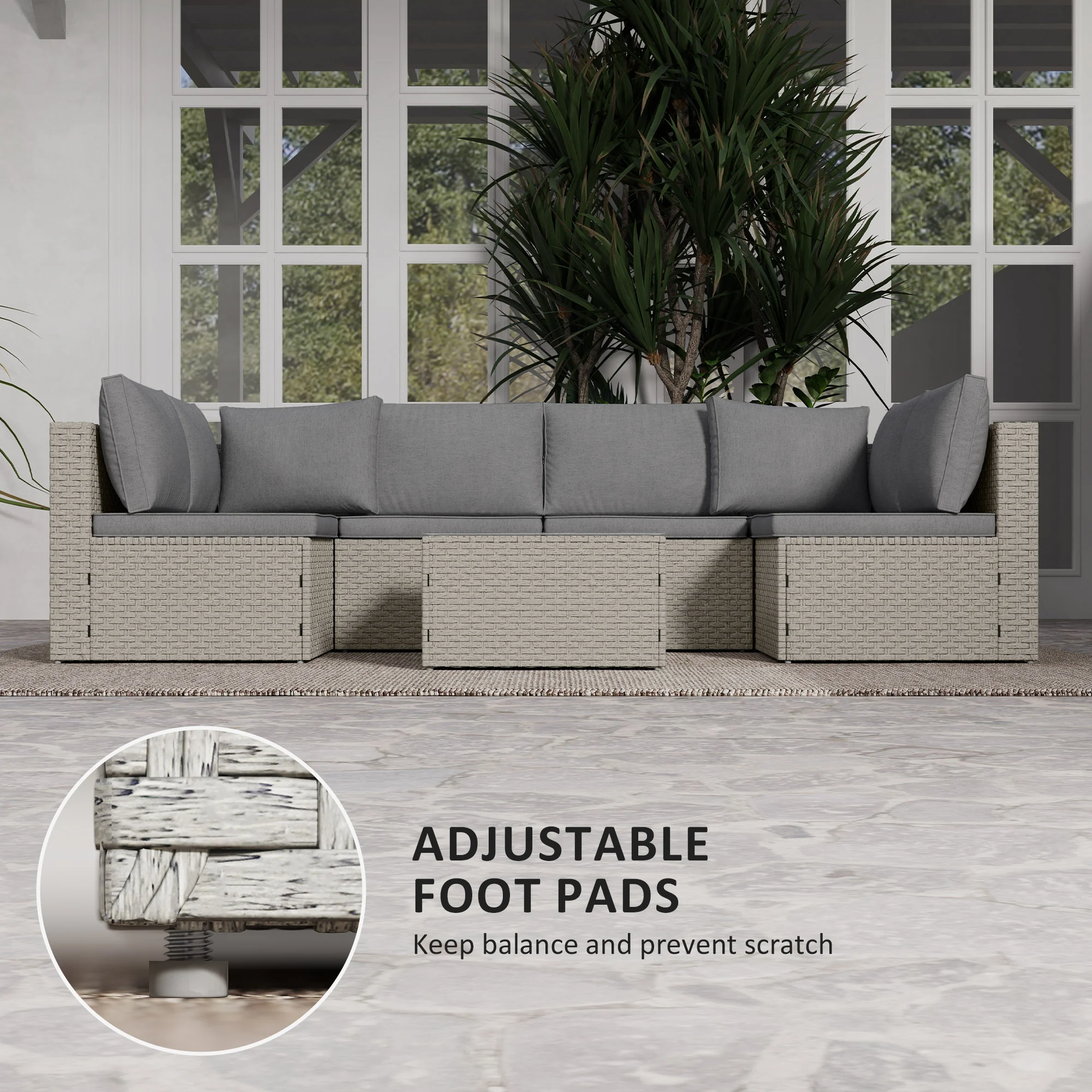 7 Piece Rattan Garden Furniture Set, 6 Seater Corner Sofa & Glass Table, Light Brown - Image 10