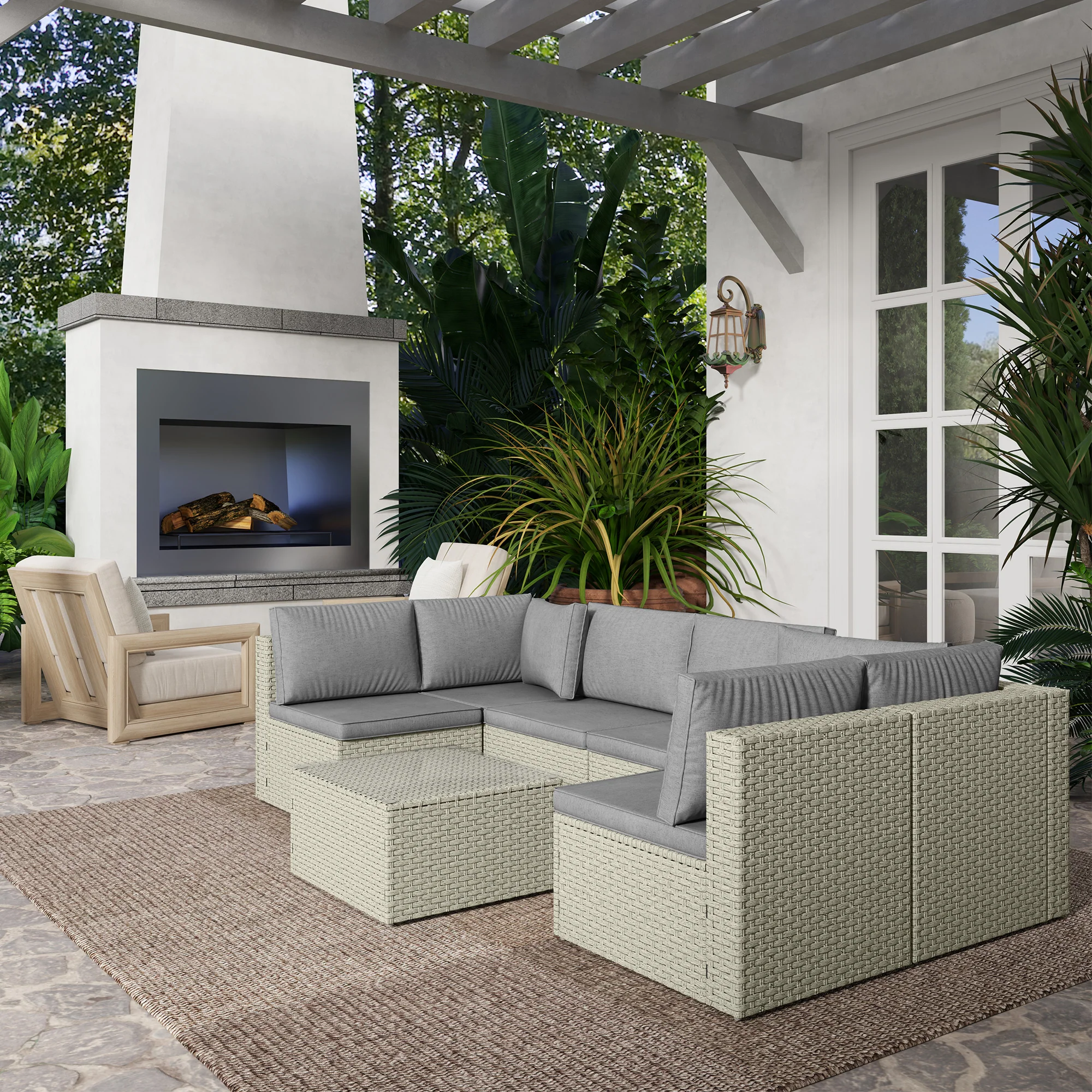 7 Piece Rattan Garden Furniture Set, 6 Seater Corner Sofa & Glass Table, Light Brown - Image 11