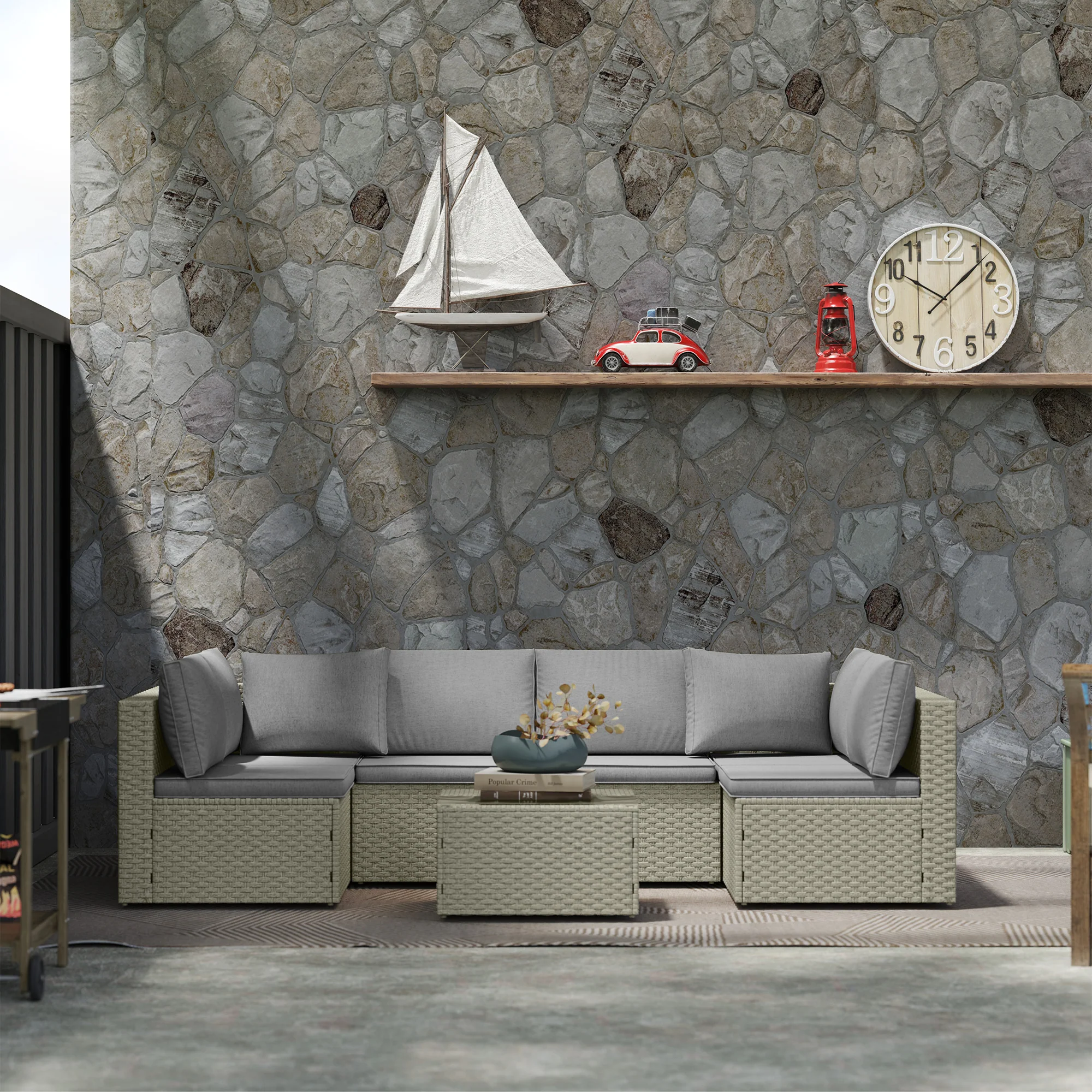 7 Piece Rattan Garden Furniture Set, 6 Seater Corner Sofa & Glass Table, Light Brown - Image 3
