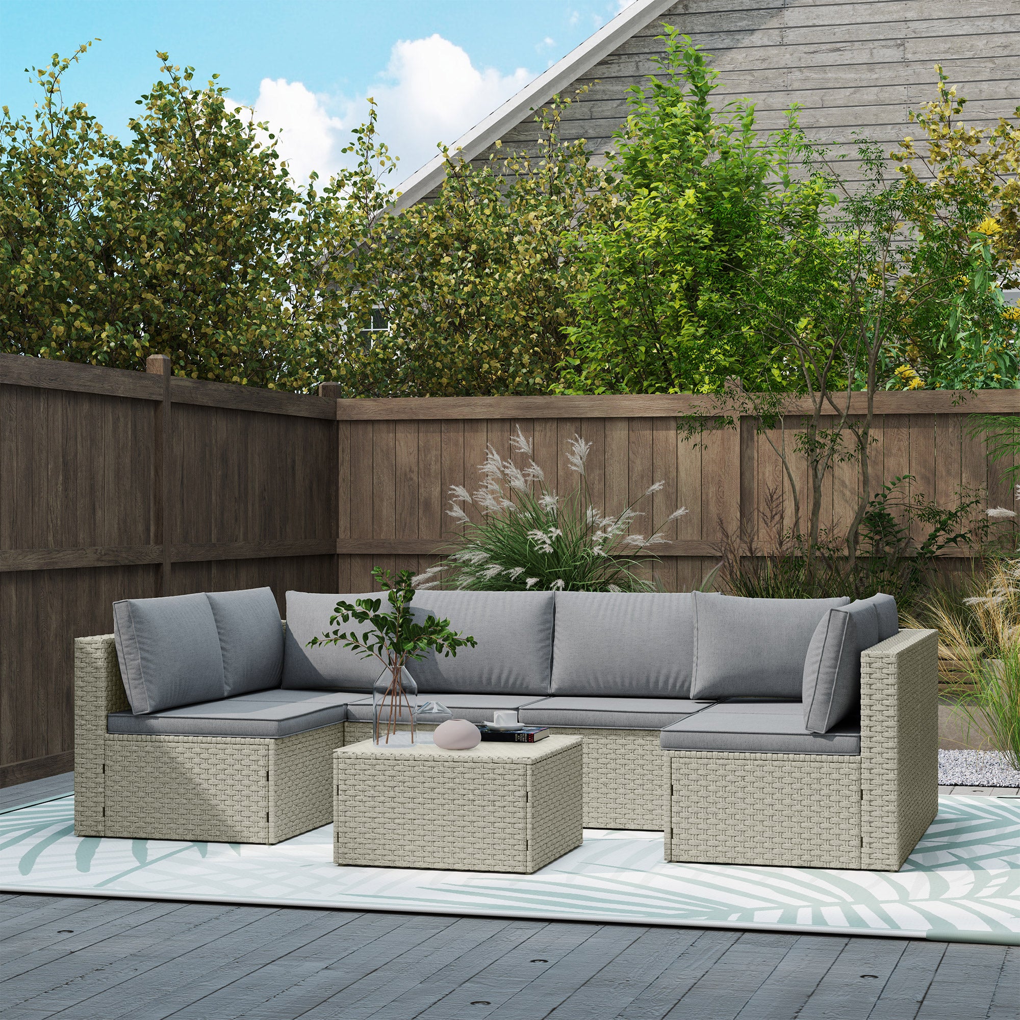 7 Piece Rattan Garden Furniture Set, 6 Seater Corner Sofa & Glass Table, Light Brown - Image 4