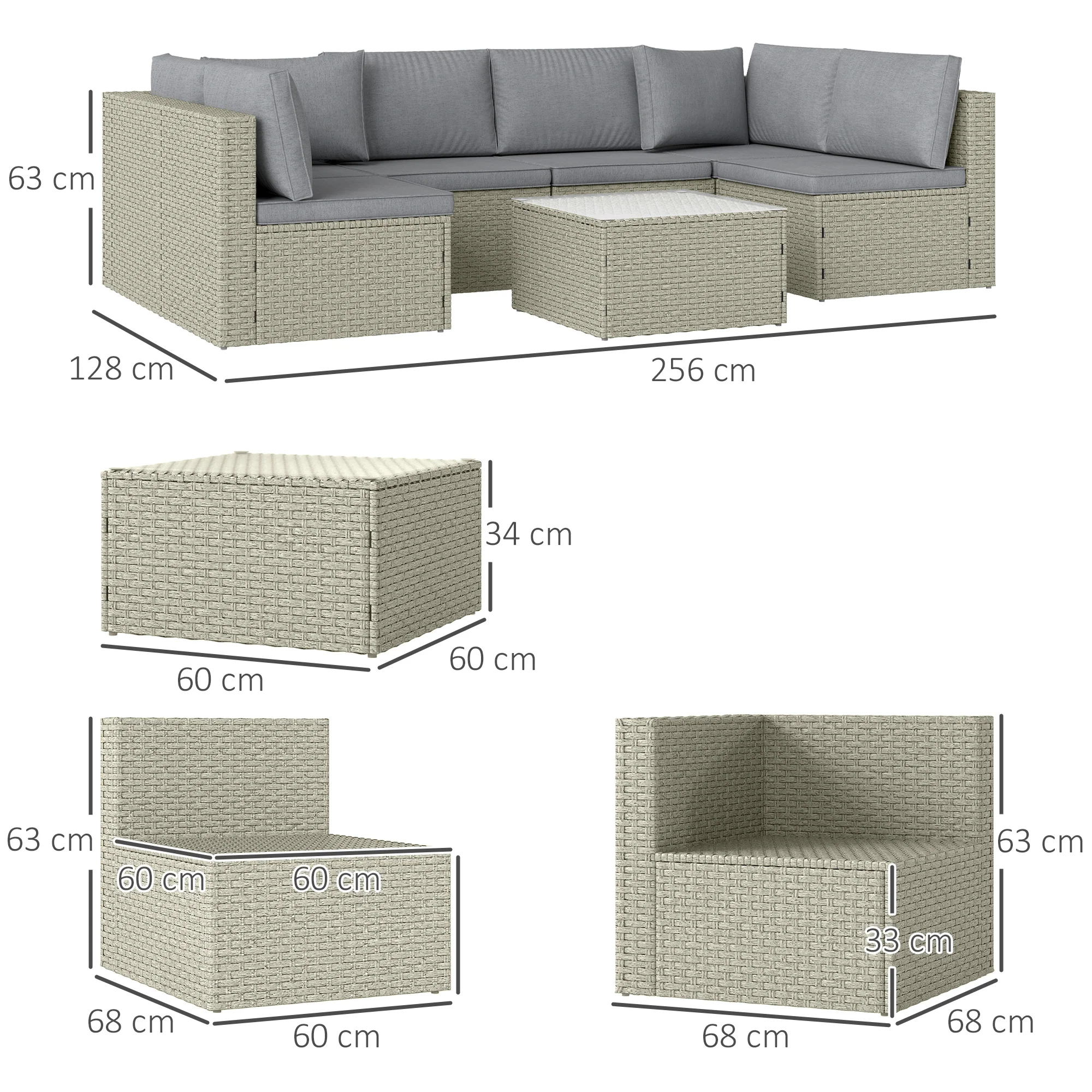 7 Piece Rattan Garden Furniture Set, 6 Seater Corner Sofa & Glass Table, Light Brown - Image 5
