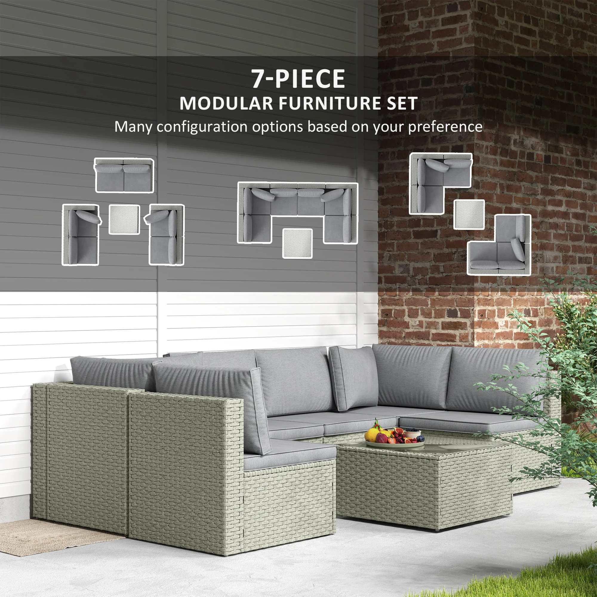 7 Piece Rattan Garden Furniture Set, 6 Seater Corner Sofa & Glass Table, Light Brown - Image 6