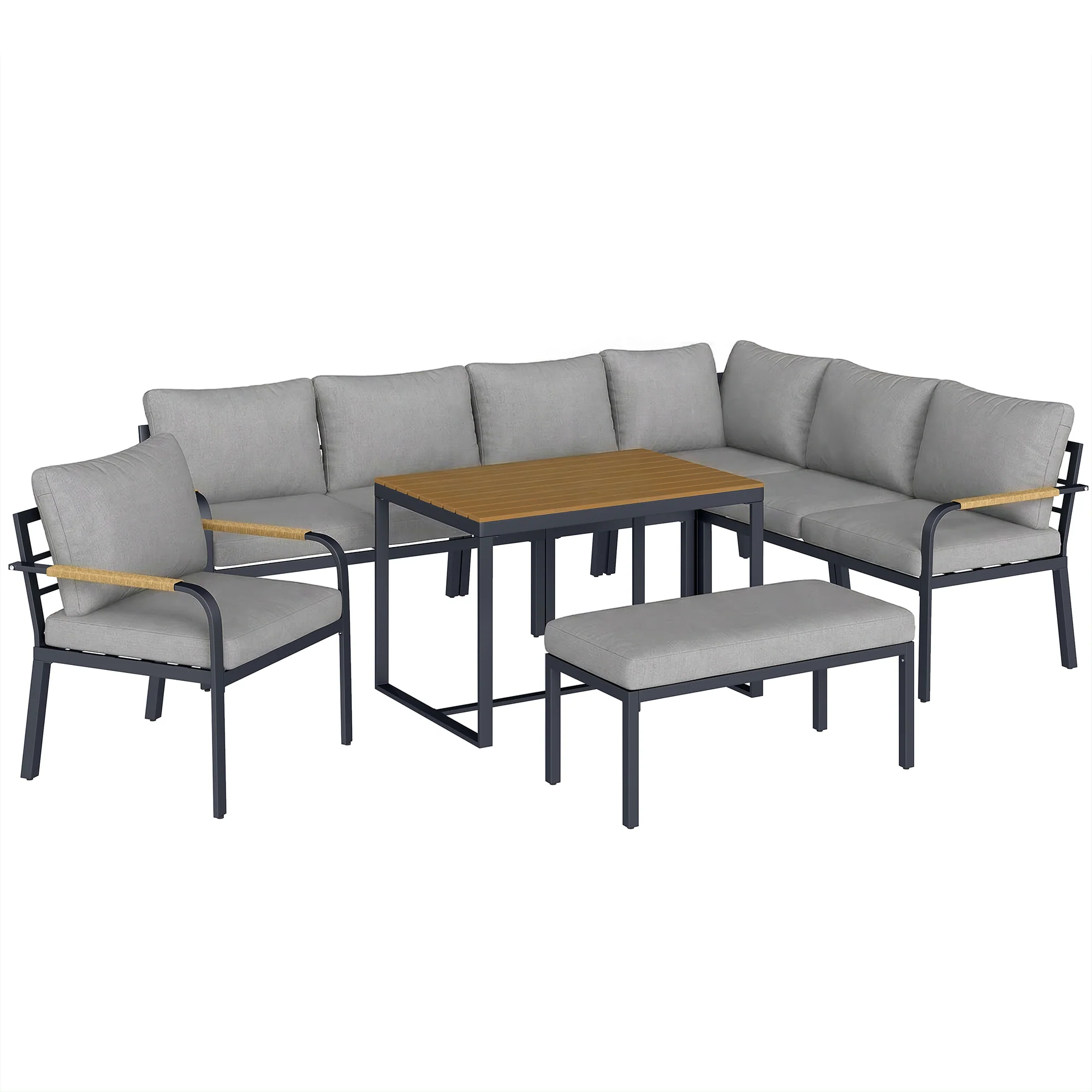 7 Seater Garden Furniture Set with Faux Wood Table, Light Grey - Image 12